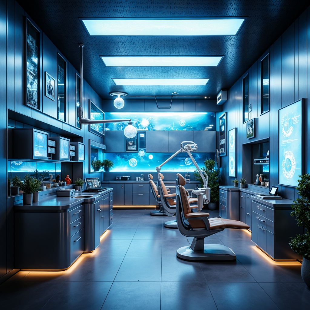 Prompt: Futuristic dental clinic, sleek metal walls, polished chrome floors, minimalist decor, neon accent lights, LED ceiling panels, glowing blue ambiance, suspended spherical lighting fixtures, holographic displays, interactive patient interfaces, virtual reality relaxation areas, ambient occlusion, shallow depth of field, 3/4 composition, panoramic view, realistic textures, high-tech dental equipment, sterilization chambers, futuristic dentist chairs, automated medical storage units, soft warm glow, circular overhead lighting, indirect LED illumination.