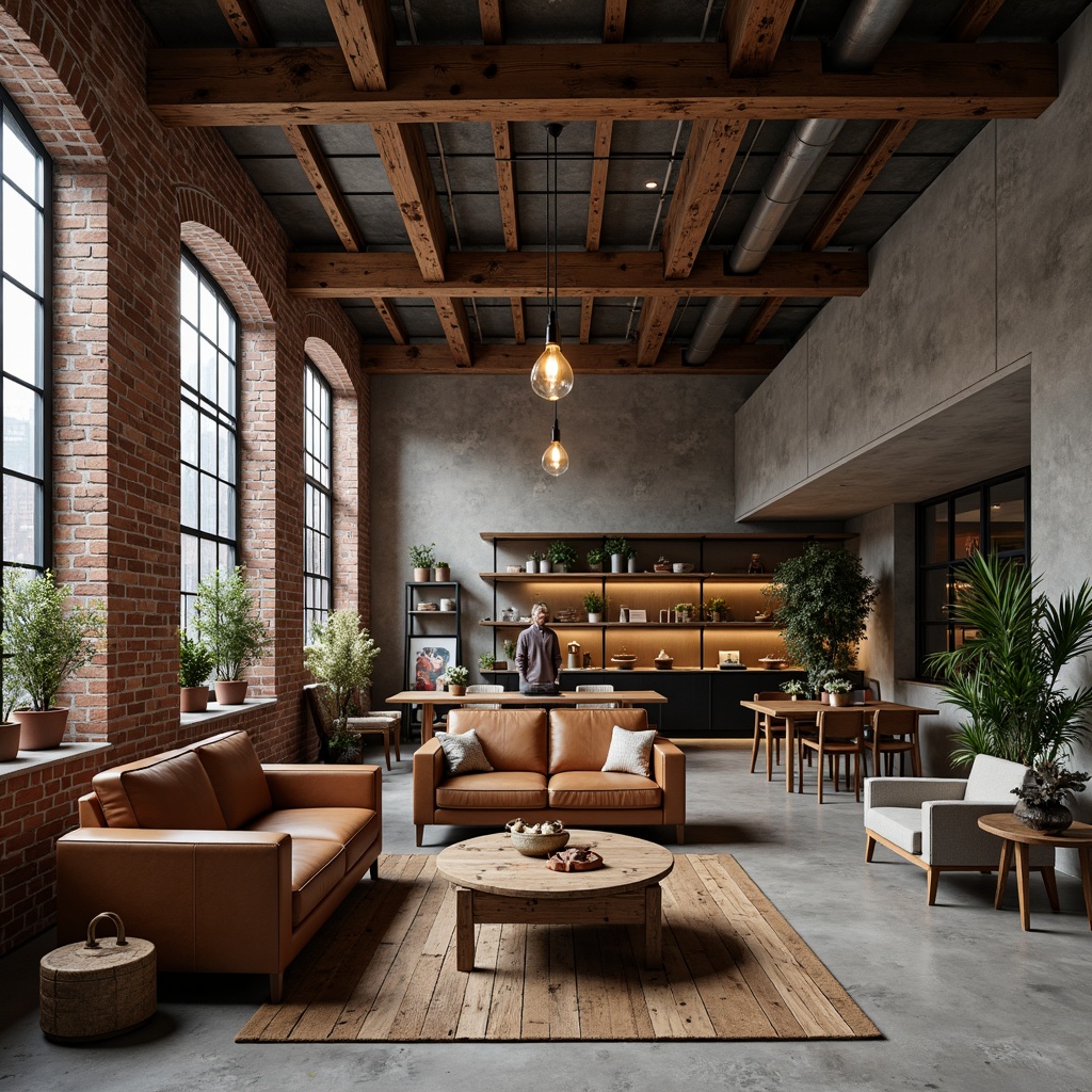 Prompt: Exposed brick walls, metal beams, reclaimed wood floors, industrial lighting fixtures, vintage factory carts, distressed leather sofas, Edison bulb pendant lamps, metal pipe shelving units, urban loft atmosphere, rough-hewn wooden tables, minimalist decor, functional modern furniture, concrete accent walls, steel framed windows, black metal doors, polished concrete floors, industrial-chic color palette, warm ambient lighting, 3/4 composition, shallow depth of field.