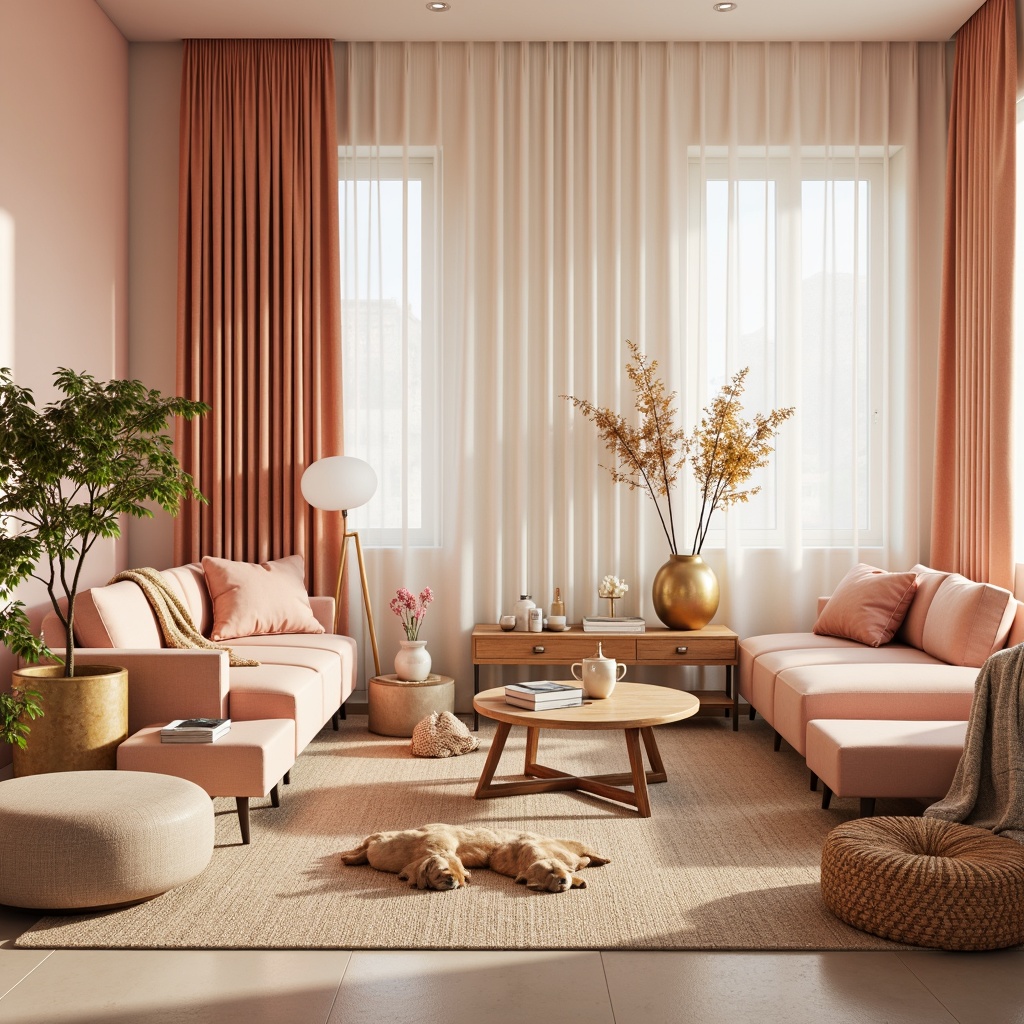 Prompt: Vibrant modern interior, pastel color scheme, soft peach tones, creamy whites, rich wood accents, metallic gold details, natural textiles, cozy ambient lighting, shallow depth of field, 3/4 composition, realistic renderings, ambient occlusion.