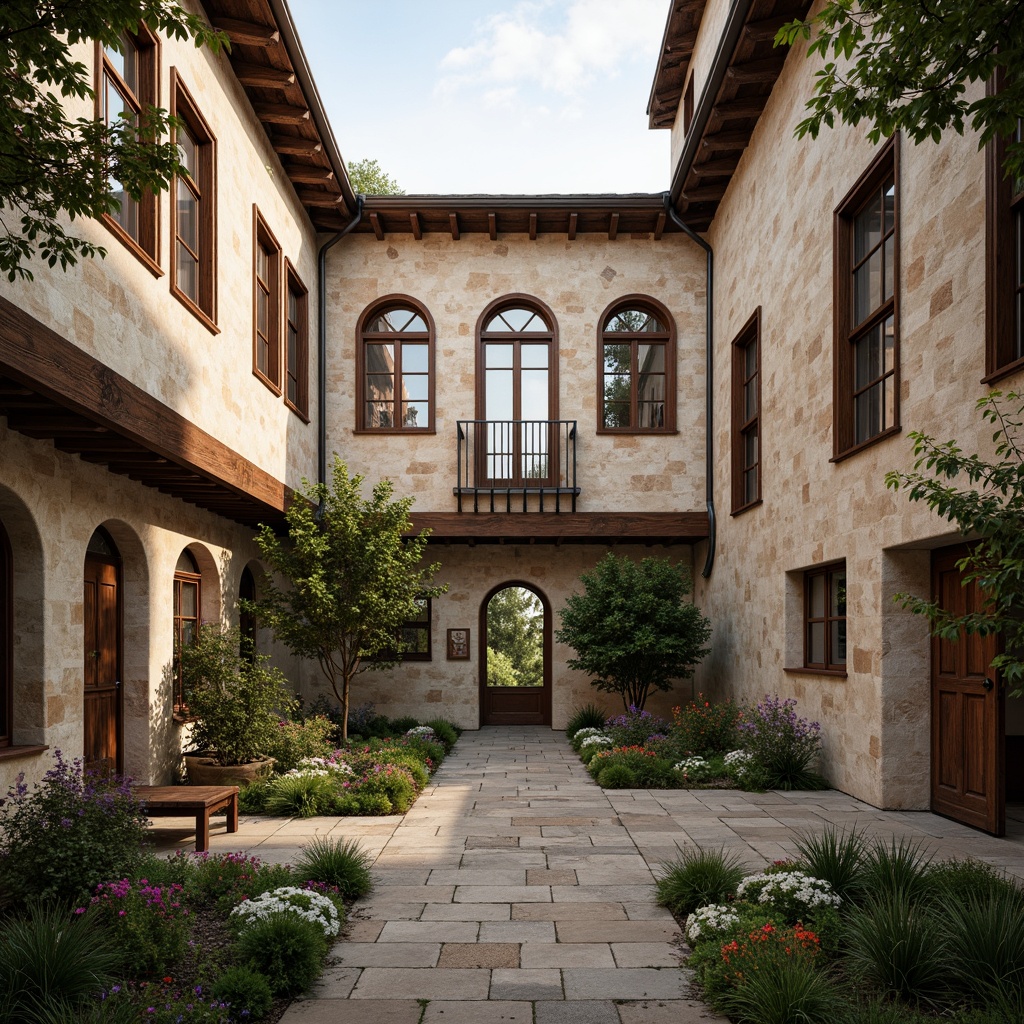 Prompt: Weathered stone walls, rustic wooden beams, terra cotta roofs, arched windows, stained glass accents, ornate metalwork, earthy color palette, natural textures, monastery-inspired architecture, tranquil atmosphere, serene courtyard, lush greenery, vibrant flowers, gentle water features, soft warm lighting, shallow depth of field, 3/4 composition, panoramic view, realistic textures, ambient occlusion.