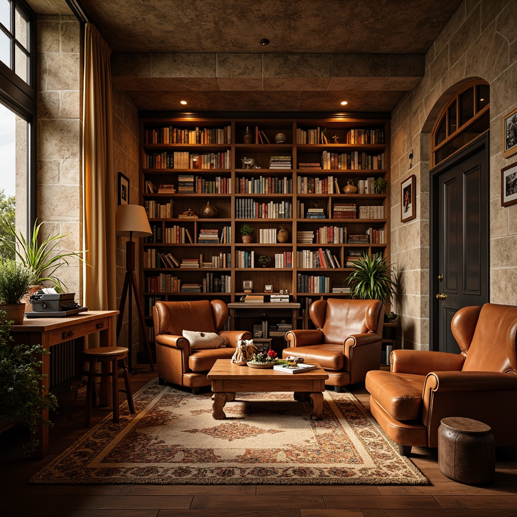 Prompt: Cozy bookstore, warm wooden shelves, rich leather armchairs, vintage typewriters, classic novels, soft golden lighting, earthy tones, rustic wooden floors, comfortable reading nooks, plush area rugs, floor-to-ceiling bookcases, ladder access, natural stone walls, warm beige colors, inviting atmosphere, shallow depth of field, 2/3 composition, realistic textures, ambient occlusion.