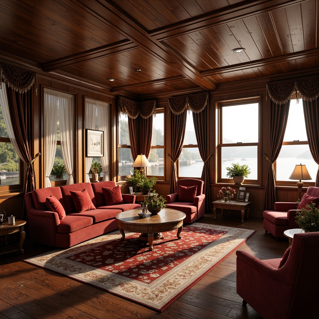 Prompt: Elegant boathouse interior, rich wood tones, ornate Victorian details, plush velvet furnishings, intricate patterned rugs, luxurious drapery, floor-to-ceiling windows, flowing silk curtains, delicate lace trim, ornamental tassels, warm golden lighting, soft diffused shadows, 1/1 composition, intimate atmosphere, realistic fabric textures, subtle ambient occlusion.