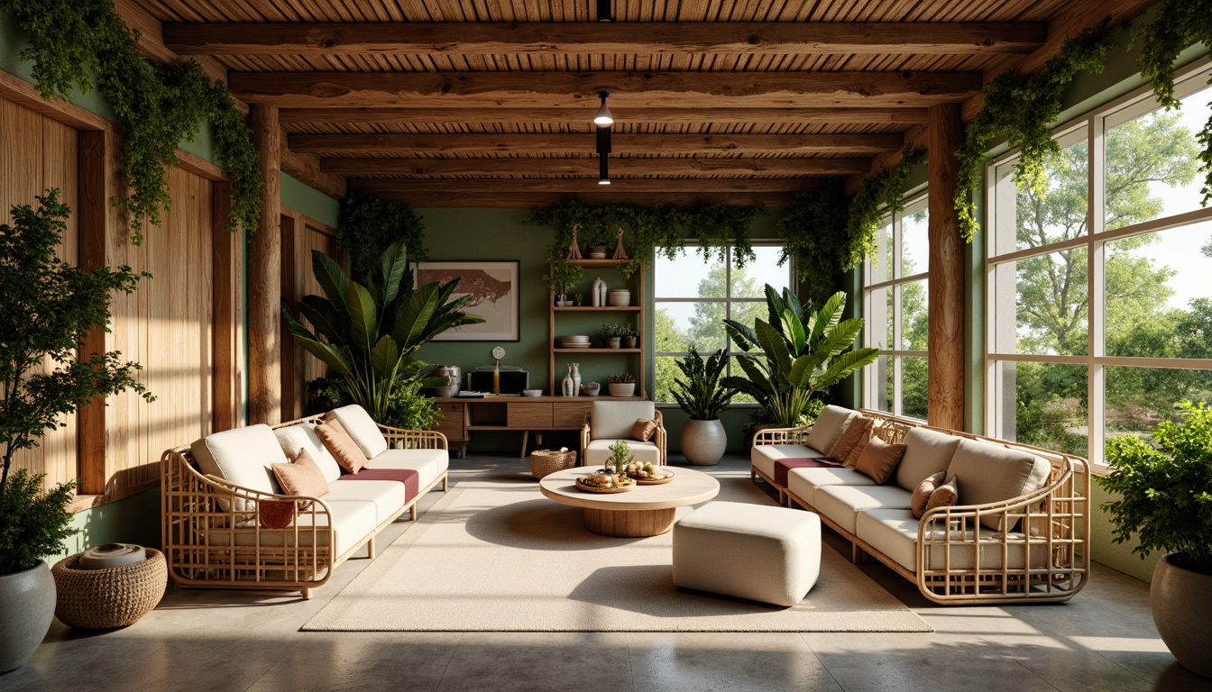 Prompt: Earthy tones, natural textiles, woven bamboo furniture, reclaimed wood accents, living green walls, potted plants, organic shapes, earthy ceramics, stone flooring, wooden beams, minimalist decor, cozy ambiance, warm soft lighting, 1/1 composition, shallow depth of field, realistic textures, ambient occlusion.