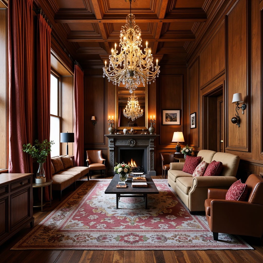 Prompt: Rich wood tones, ornate furnishings, luxurious fabrics, warm golden lighting, classic crown molding, elegant crystal chandeliers, plush velvet drapes, distressed leather armchairs, sophisticated neutral colors, earthy reds, soft creams, muted gold accents, subtle patterned rugs, traditional English style, cozy fireplace, intimate ambiance, warm inviting atmosphere.