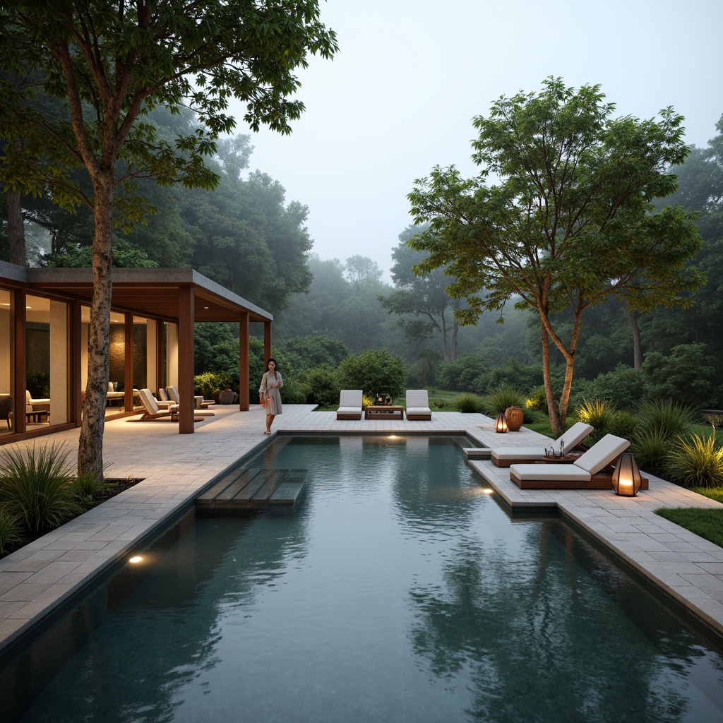 Prompt: Soothing Asian-inspired pool surroundings, serene water features, natural stone decking, lush greenery, subtle lighting effects, warm soft glows, lantern-style fixtures, Japanese garden aesthetic, tranquil ambiance, misty mornings, gentle ripples, shallow water reflections, 1/2 composition, warm beige tones, earthy textures, organic shapes, minimalist decor.