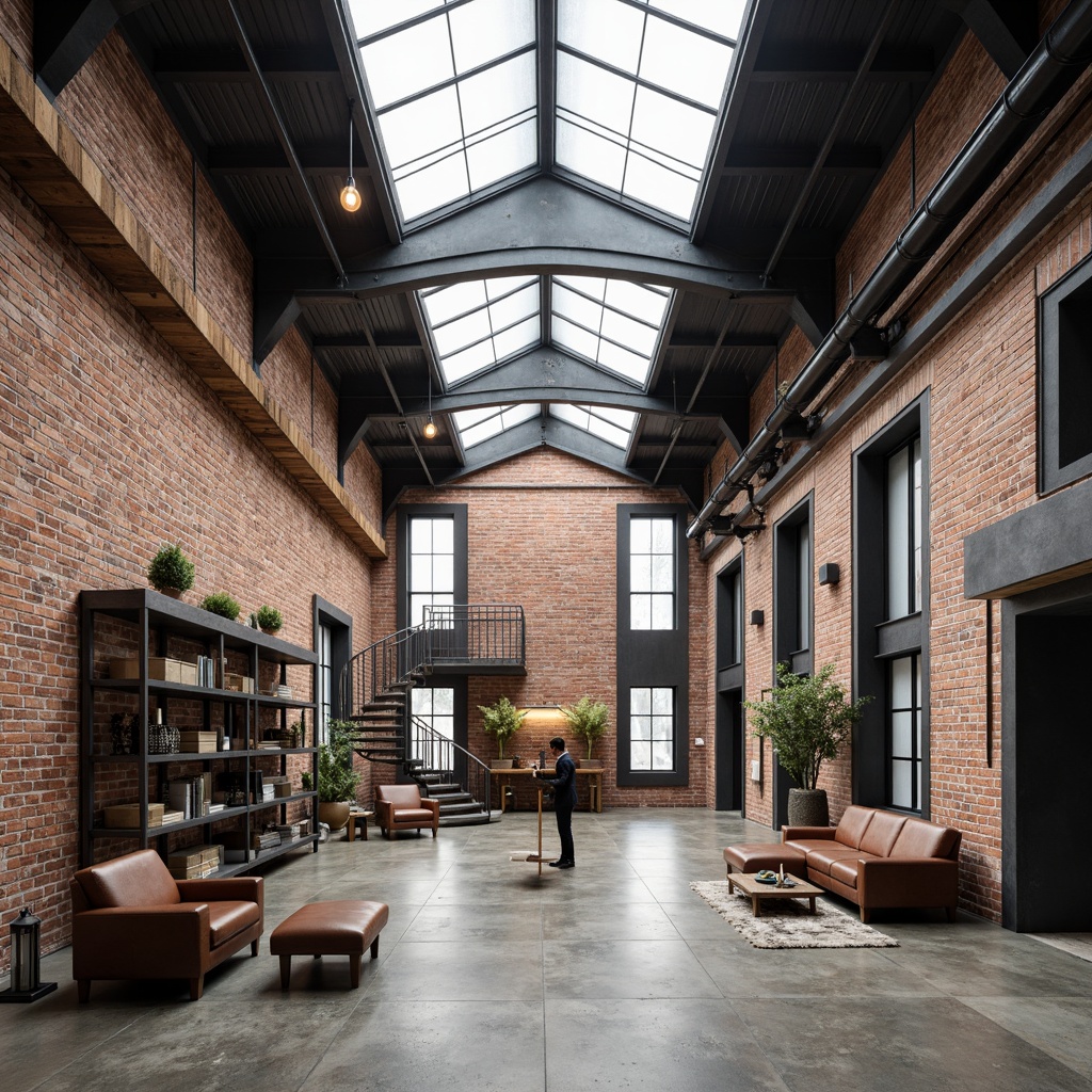 Prompt: Exposed brick walls, industrial metal beams, polished concrete floors, minimalist decorative elements, reclaimed wood accents, urban loft atmosphere, natural light pouring through skylights, vast open spaces, flexible modular layouts, functional steel shelving units, eclectic art installations, distressed leather furnishings, Edison bulb lighting, raw unfinished textures, 1/1 composition, dramatic high ceilings, modern industrial chic aesthetic.