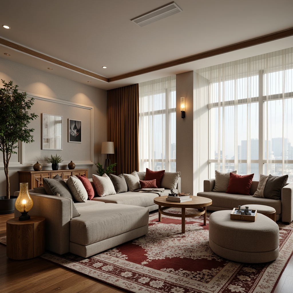 Prompt: Elegant living room, comfortable sofas, plush armchairs, wooden coffee tables, sleek side tables, luxurious rugs, soft velvet fabrics, natural wood accents, subtle metal frames, ambient lighting fixtures, floor-to-ceiling windows, sheer curtains, neutral color palette, 3/4 composition, shallow depth of field, realistic textures, warm atmosphere.