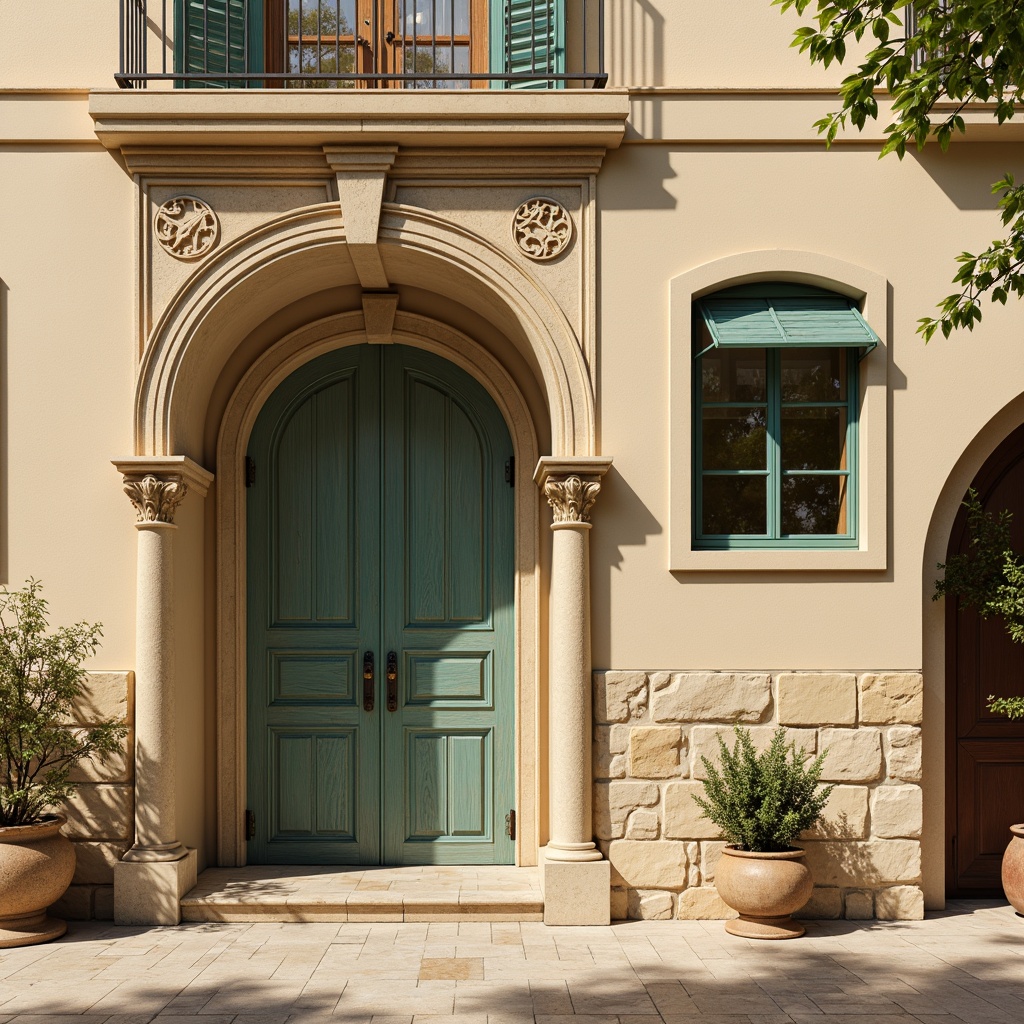 Prompt: Warm beige stucco walls, soft creamy textures, ornate archways, rustic stone accents, distressed wooden shutters, vibrant turquoise trim, ornamental ironwork, classic columns, elegant cornices, subtle fresco patterns, warm golden lighting, shallow depth of field, 1/1 composition, realistic renderings, ambient occlusion.