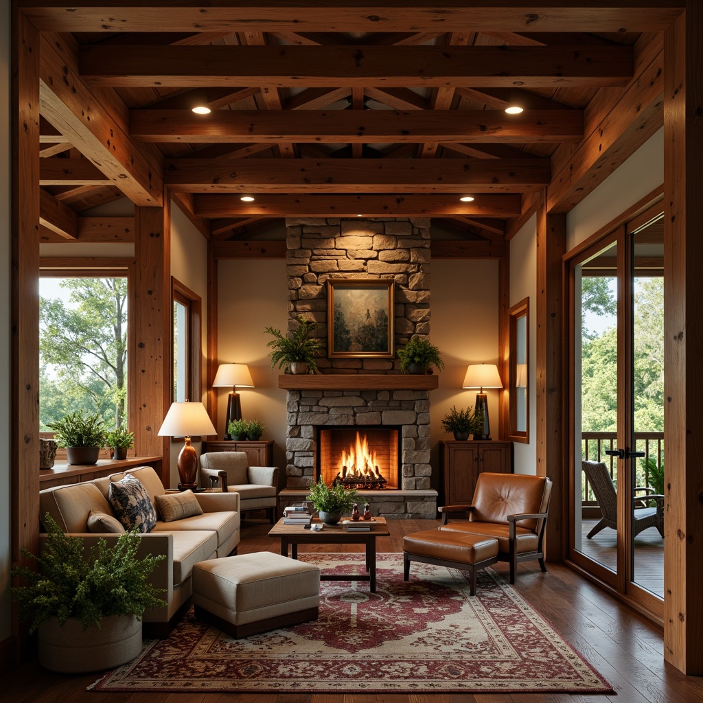 Prompt: Warm Craftsman home, exposed wooden beams, natural stone fireplace, earthy color palette, warm lighting, table lamps with linen shades, pendant lights in copper finish, recessed ceiling lights, cozy reading nook, comfortable leather armchair, vintage rug, wooden side tables, greenery, soft warm glow, 1/1 composition, intimate atmosphere, realistic textures, ambient occlusion.