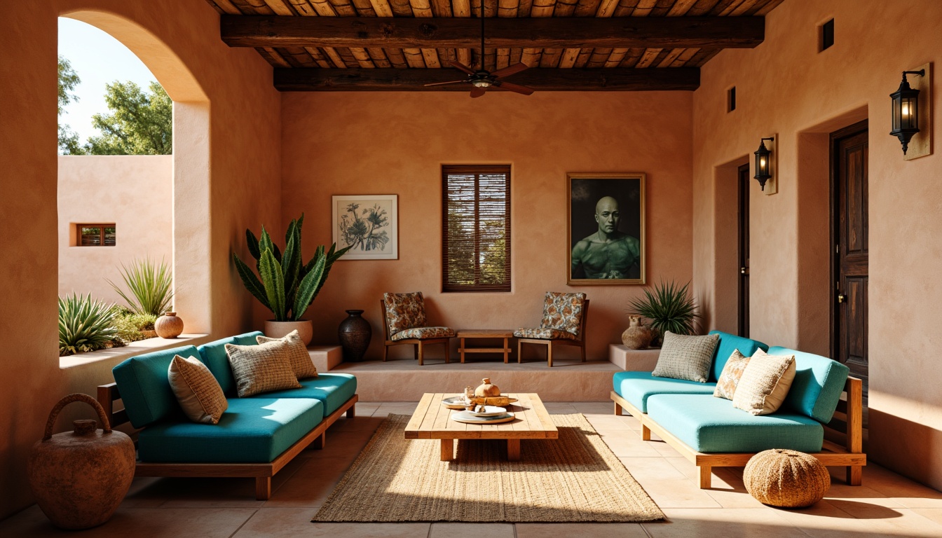 Prompt: Earthy southwestern interior, warm terracotta walls, rustic wooden accents, vibrant turquoise furniture, sandy beige floors, woven Native American-inspired textiles, distressed leather upholstery, weathered metal decor, natural fiber rugs, sun-kissed adobe architecture, desert botanicals, cacti, succulents, warm golden lighting, shallow depth of field, 1/1 composition, realistic textures, ambient occlusion.