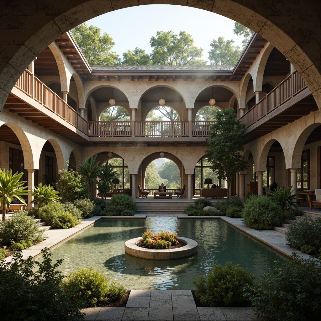 Prompt: Serene monastery courtyard, tranquil water features, lush greenery, natural stone walls, wooden accents, ornate carvings, stained glass windows, vaulted ceilings, grand archways, peaceful ambiance, warm soft lighting, shallow depth of field, 3/4 composition, symmetrical layout, harmonious color palette, rustic textures, ambient occlusion, gentle misting effects, subtle scent of incense, quiet contemplative atmosphere.