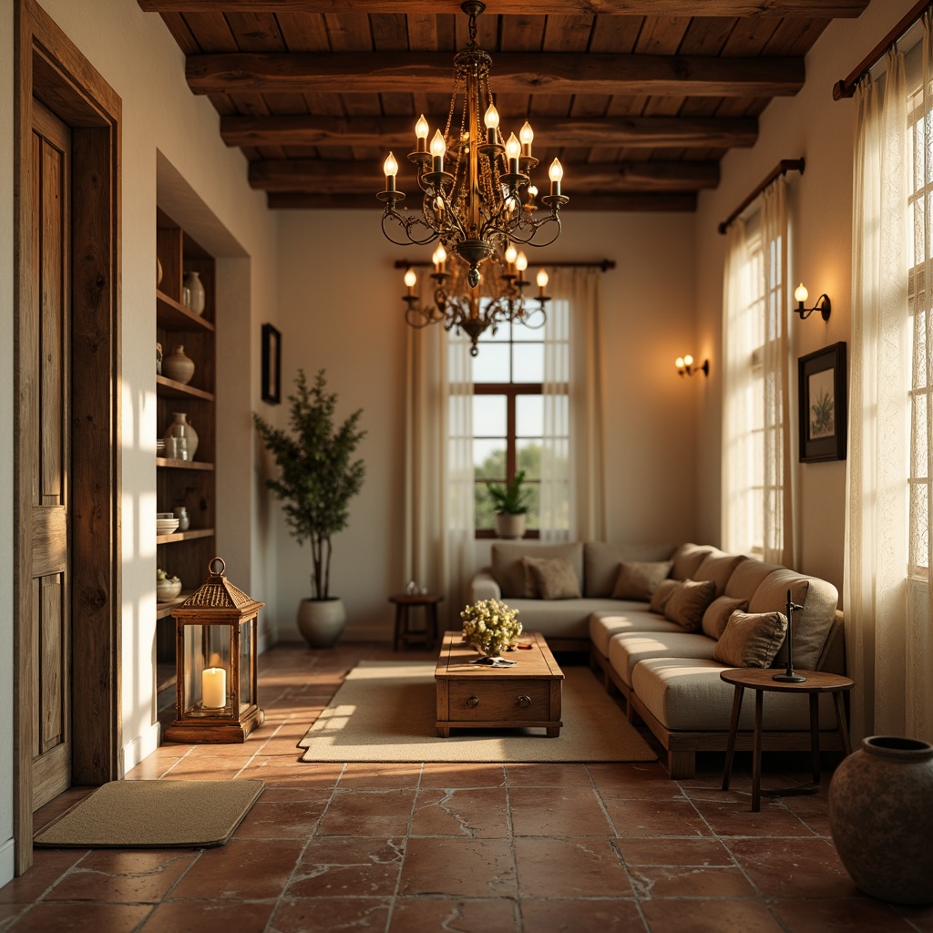 Prompt: Rustic French country-style chandeliers, soft warm candlelight, distressed wood accents, vintage metal lanterns, ornate crystal fixtures, creamy white walls, natural stone floors, earthy terracotta tones, warm beige fabrics, delicate lace curtains, subtle ambient lighting, warm golden hour, 1/2 composition, intimate atmosphere, realistic textures.