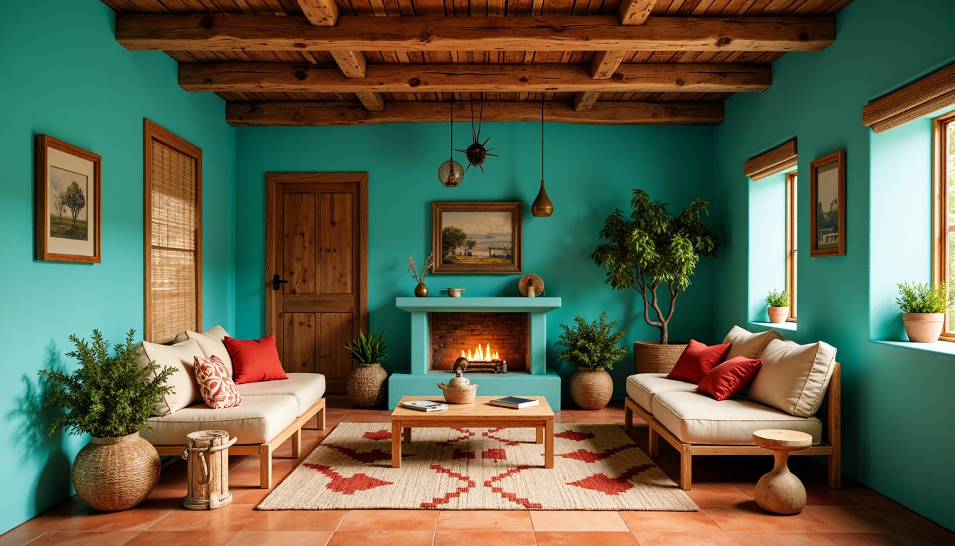 Prompt: Vibrant turquoise walls, earthy terracotta floors, sandy beige furniture, bold red accents, natural woven textiles, geometric patterned rugs, rustic wooden beams, distressed leather upholstery, vintage Native American-inspired accessories, warm golden lighting, shallow depth of field, 3/4 composition, realistic textures, ambient occlusion.