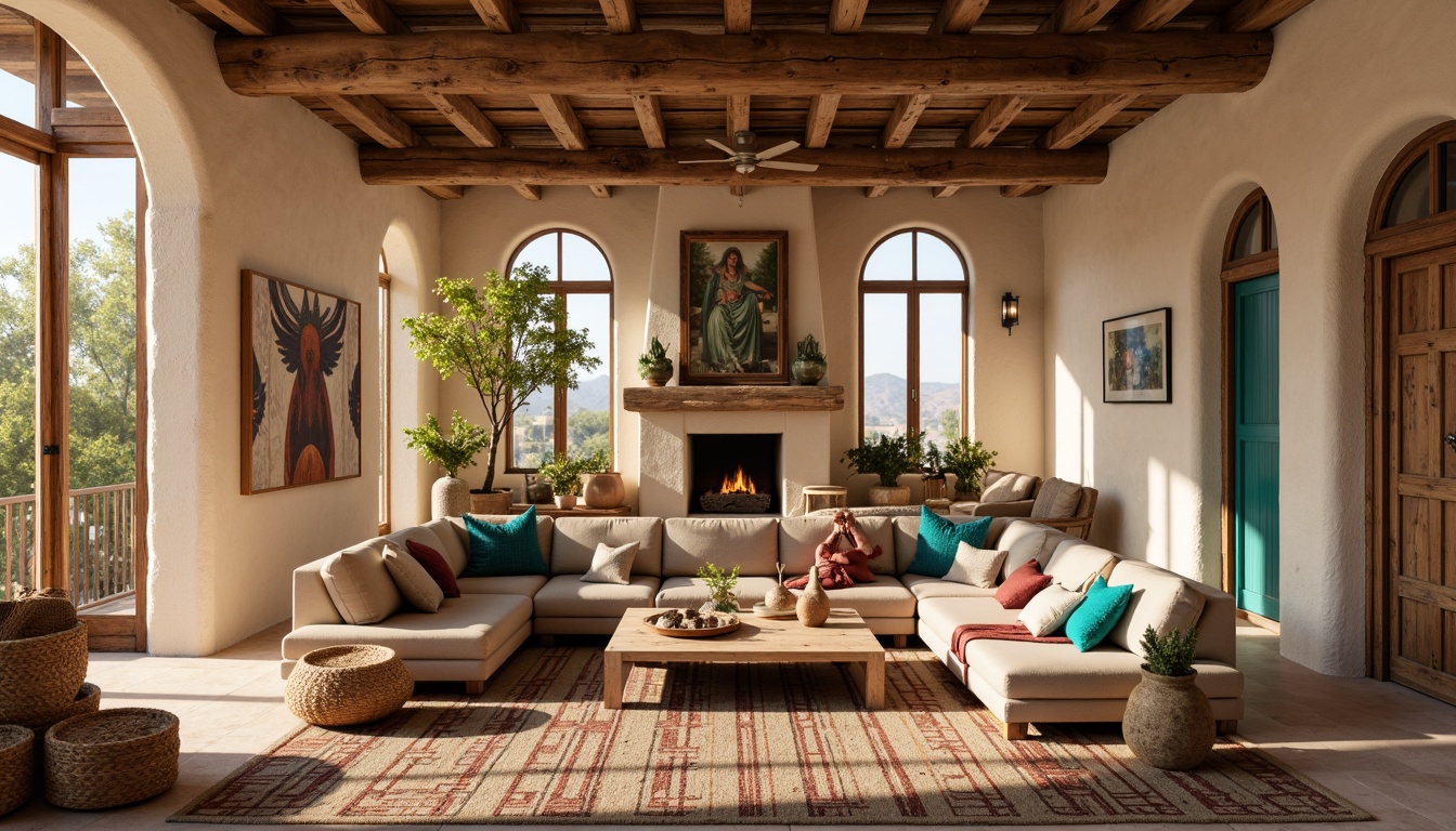 Prompt: Rustic living room, earthy color palette, natural textiles, woven baskets, reclaimed wood coffee table, plush sectional sofa, vibrant turquoise accents, geometric patterned rugs, adobe-inspired architecture, arched windows, wooden beam ceiling, clay pottery vases, cactus plants, warm golden lighting, shallow depth of field, 1/2 composition, realistic textures, ambient occlusion.