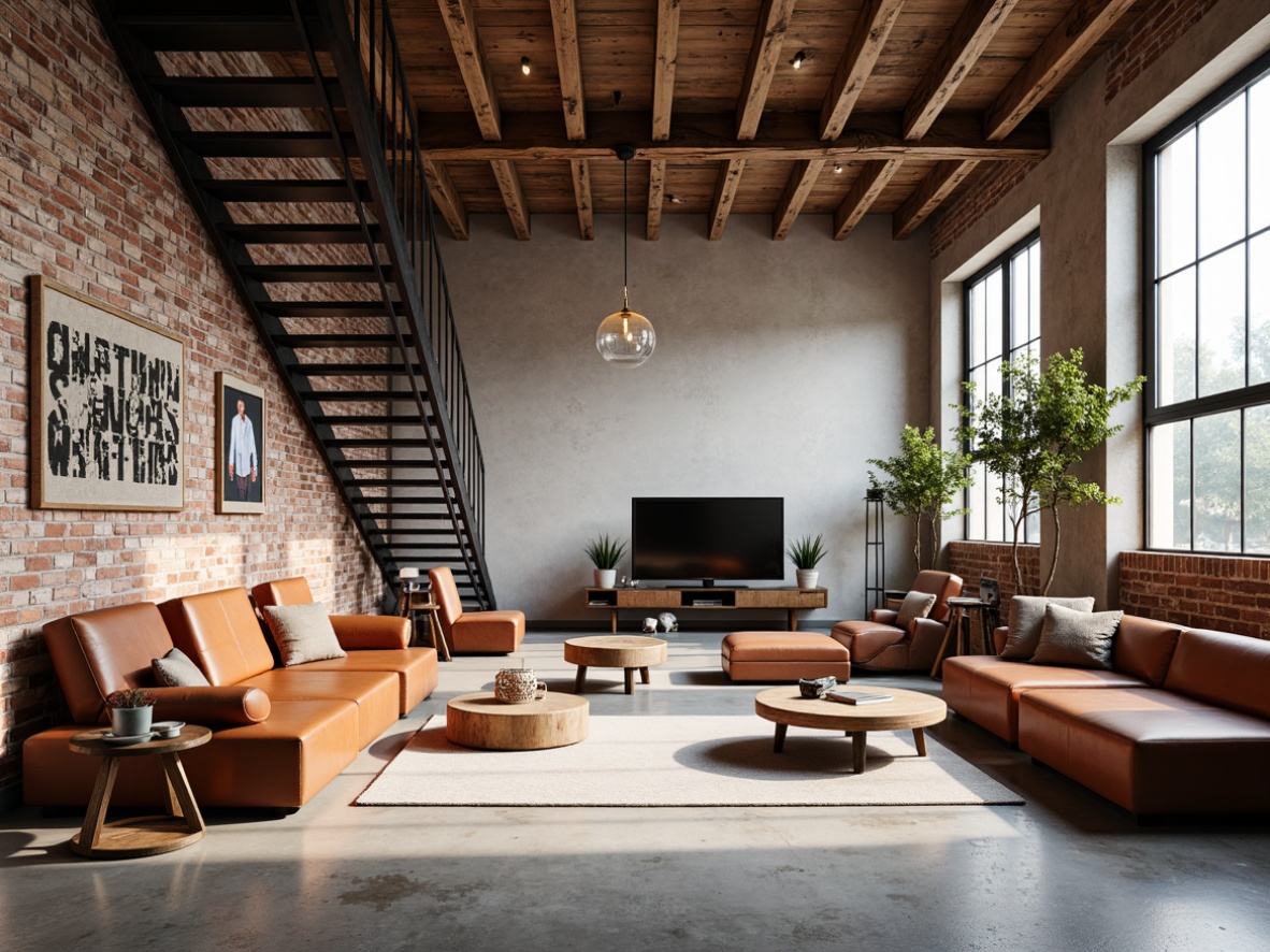 Prompt: Minimalist loft interior, industrial chic aesthetic, exposed brick walls, polished concrete floors, steel beams, reclaimed wood accents, floor-to-ceiling windows, natural light pouring in, open space living area, functional zones, modular furniture, geometric shapes, primary color scheme, bold typography, Bauhaus-inspired decorative elements, metal grid staircase, spacious atmosphere, soft warm lighting, shallow depth of field, 3/4 composition, panoramic view, realistic textures, ambient occlusion.