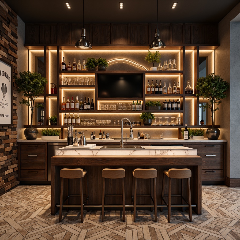 Prompt: Contemporary home bar, sleek glass shelves, wooden cabinets, metallic accents, ambient LED lighting, whiskey decanters, wine glasses, beer taps, chrome faucets, marble countertops, geometric patterns, minimalist design, industrial chic decor, reclaimed wood walls, vintage signs, dimmable pendant lights, warm earthy tones, functional storage spaces.