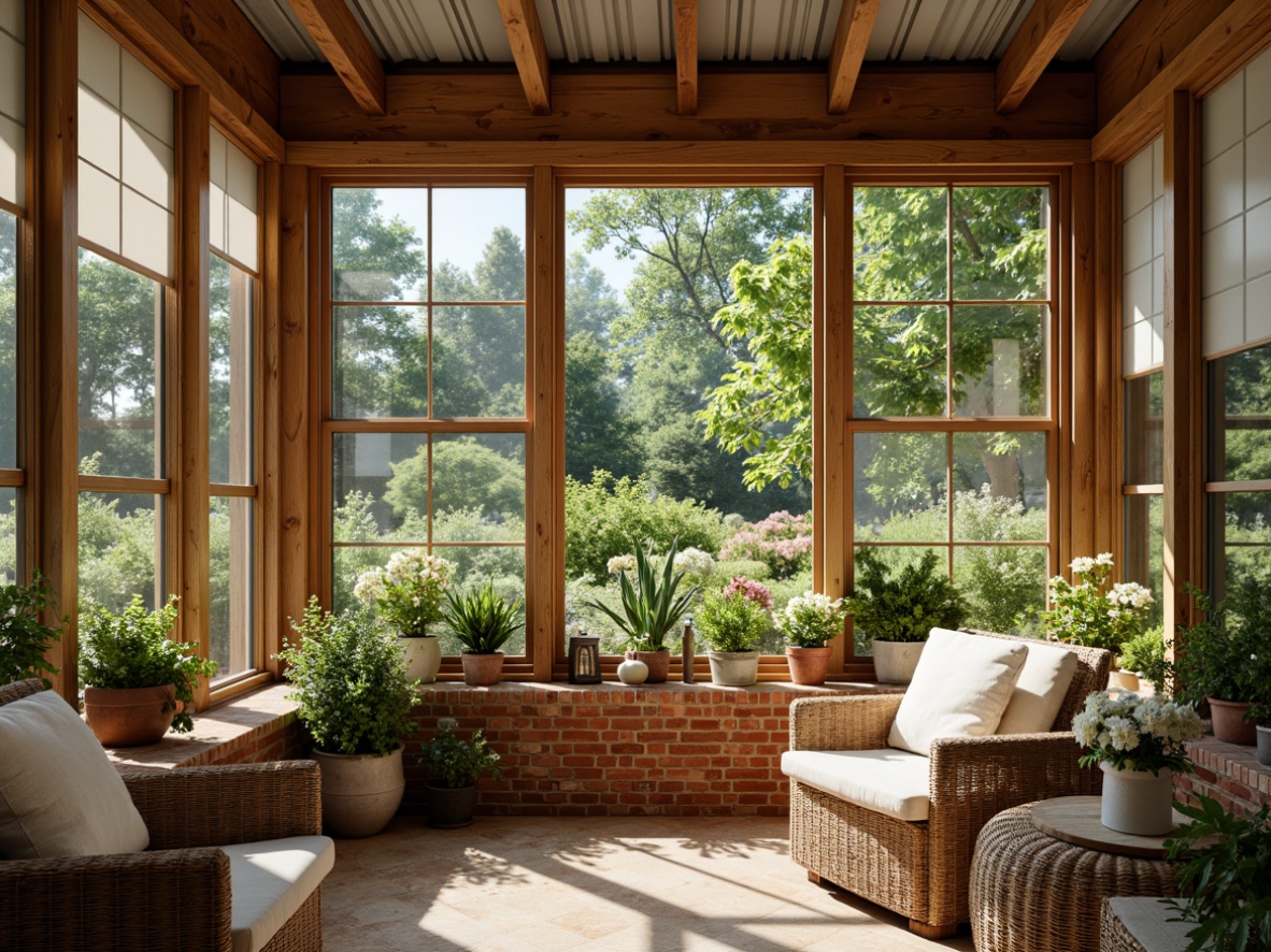 Prompt: Cozy sunroom, farmhouse style, natural wood accents, vintage windows, rustic metal roof, lush greenery, blooming flowers, warm sunlight, soft warm lighting, shallow depth of field, 3/4 composition, panoramic view, realistic textures, ambient occlusion, wooden beams, exposed brick walls, comfortable seating area, plush throw pillows, woven wicker furniture, rattan decor, natural stone flooring, earthy color palette, bright airy atmosphere.