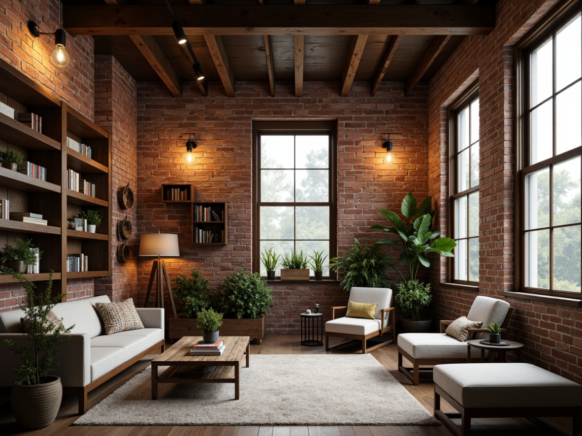 Prompt: Industrial-chic loft, exposed brick walls, wooden beams, metal accents, urban atmosphere, dimmable track lighting, pendant lamps, Edison bulbs, reclaimed wood shelves, vintage decor, cozy reading nooks, modern minimalist furniture, natural light pouring in through large windows, soft warm glow, ambient shadows, 1/1 composition, shallow depth of field, realistic textures.