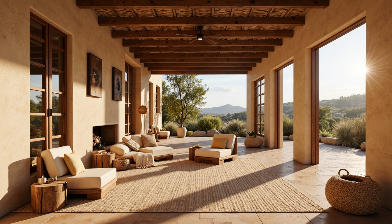 Prompt: Southwestern-style interior, warm beige walls, rustic wooden accents, woven textiles, natural fiber rugs, earthy tone color palette, abundant natural light, large windows, sliding glass doors, bright sunny day, soft warm glow, gentle shadows, 1/1 composition, shallow depth of field, realistic textures, ambient occlusion.