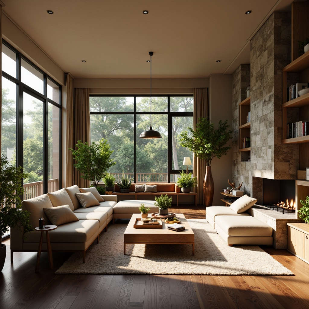 Prompt: Cozy living room, plush sectional sofa, warm beige walls, dark wood flooring, modern minimalist coffee table, stylish pendant lighting, vibrant greenery, natural stone fireplace, comfortable reading nook, floor-to-ceiling windows, soft diffused lighting, 1/1 composition, intimate atmosphere, realistic textures, subtle shadows.