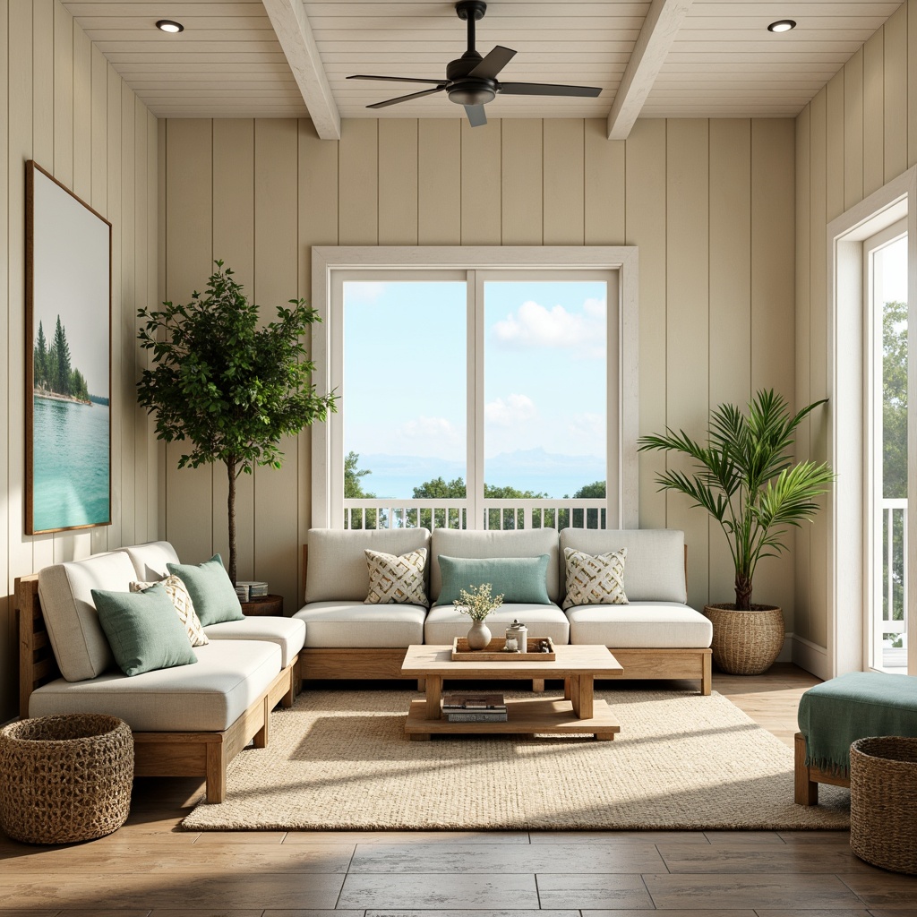 Prompt: Soft sandy beige walls, calming seafoam green accents, weathered driftwood furniture, creamy white shiplap ceilings, ocean-inspired blues, crisp linen upholstery, natural jute rugs, distressed wood flooring, coastal-themed artwork, potted palm trees, sunny day, soft warm lighting, shallow depth of field, 3/4 composition, panoramic view, realistic textures, ambient occlusion.