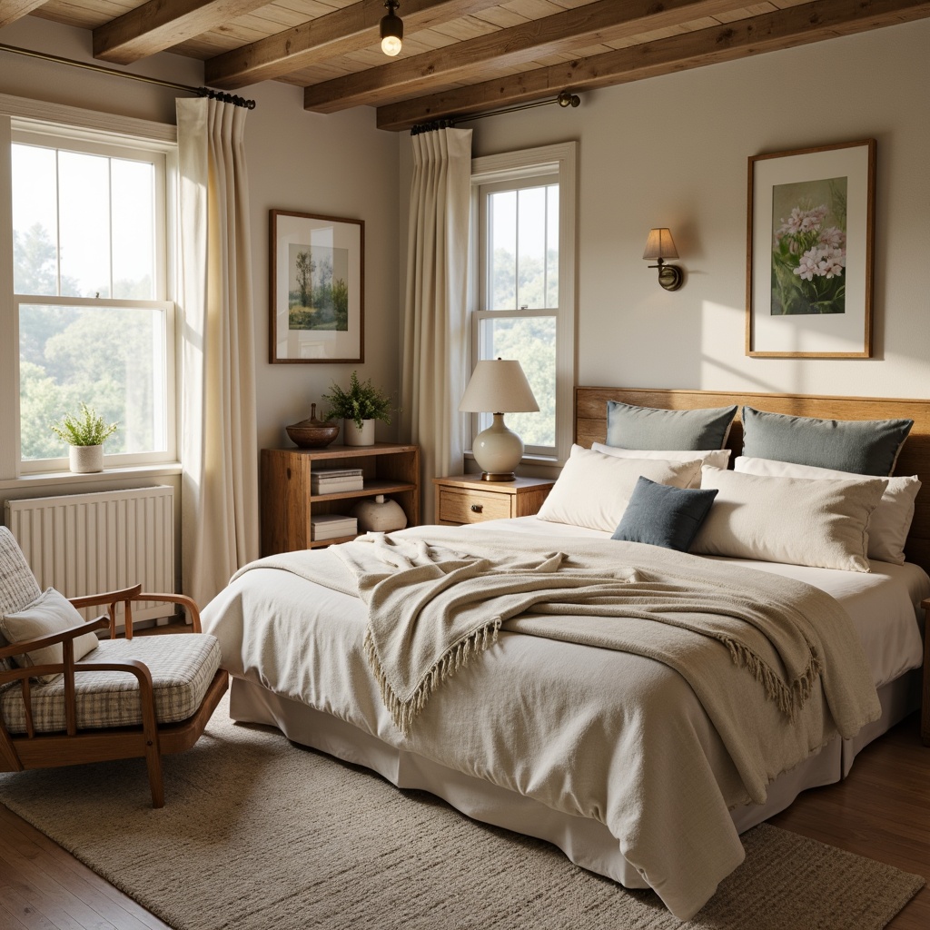 Prompt: Cozy bedroom, soft warm lighting, calming atmosphere, soothing color palette, gentle pastel hues, creamy whites, rich woods, plush textiles, velvety fabrics, serene ambiance, relaxing retreat, peaceful sanctuary, natural materials, earthy tones, muted greens, blues, and beiges, subtle patterns, elegant furnishings, luxurious decor, tranquil mood, warm neutrals, inviting atmosphere.