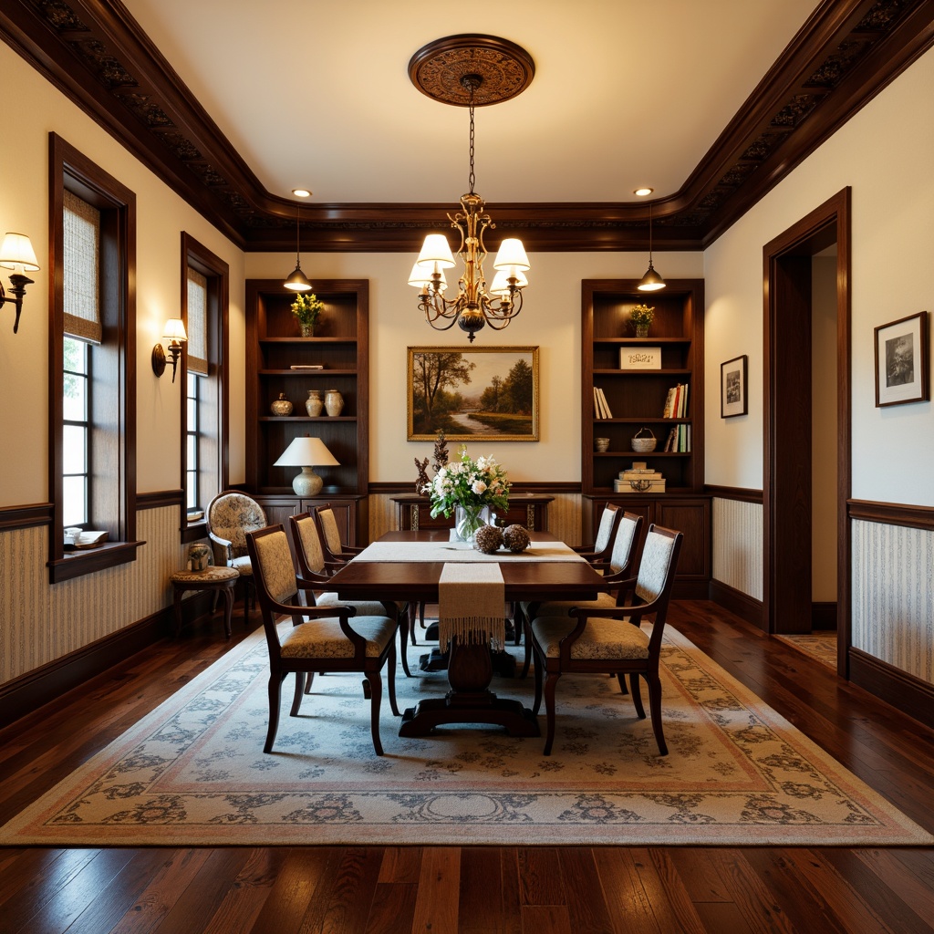 Prompt: Rich wood tones, elegant dining table, ornate chairs, luxurious fabrics, sophisticated chandelier, classic crown molding, warm beige walls, traditional English country style, hardwood floors, dark walnut finish, high-gloss sheen, inlaid patterns, intricate borders, soft warm lighting, shallow depth of field, 2/3 composition, realistic textures, ambient occlusion.