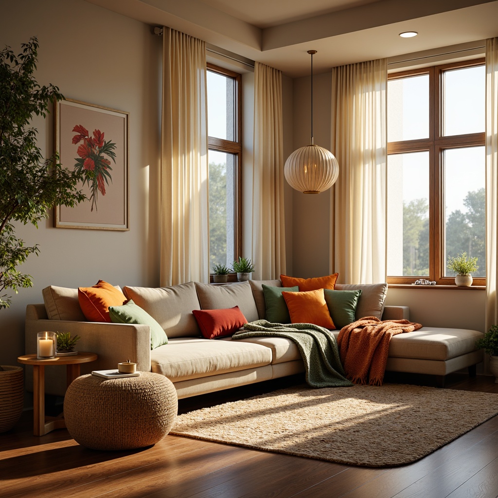 Prompt: Cozy living room, plush throw blankets, soft velvet sofas, vibrant colorful pillows, natural fiber rugs, warm beige walls, modern minimalist decor, floor-to-ceiling windows, abundant natural light, gentle afternoon sunbeams, subtle warm lighting, shallow depth of field, 3/4 composition, realistic textures, ambient occlusion.