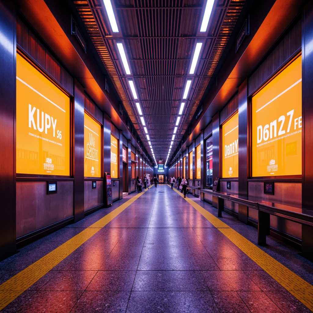 Prompt: Vibrant metro station interior, modern urban aesthetic, bright neon lights, bold typography, sleek stainless steel accents, polished granite floors, dynamic color blocking, energetic orange hues, deep blues, electric yellows, rich purples, contrasting neutral tones, high-contrast lighting, futuristic ambiance, immersive tunnel vision, symmetrical compositions, 3D visual effects, realistic reflections, ambient occlusion.