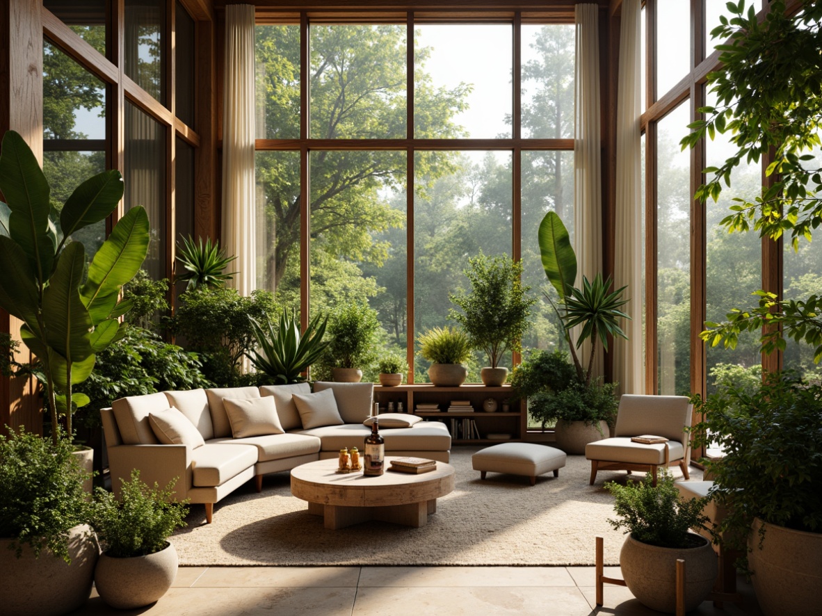 Prompt: Vibrant living room, lush greenery, potted plants, natural stone flooring, wooden accents, cozy textiles, earthy color palette, minimalist decor, floor-to-ceiling windows, abundant sunlight, soft warm lighting, shallow depth of field, 3/4 composition, realistic textures, ambient occlusion.