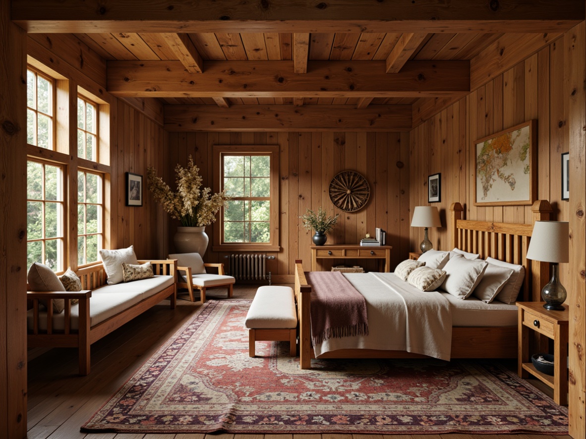 Prompt: Cozy bedroom, wooden accents, craftsman style furniture, rustic wood tones, oak wood floors, plush area rugs, comfortable reading nooks, wooden wall panels, traditional craftsmanship, ornate carvings, earthy color palette, natural textiles, woven baskets, vintage decorative items, warm soft lighting, shallow depth of field, 1/2 composition, realistic textures, ambient occlusion.