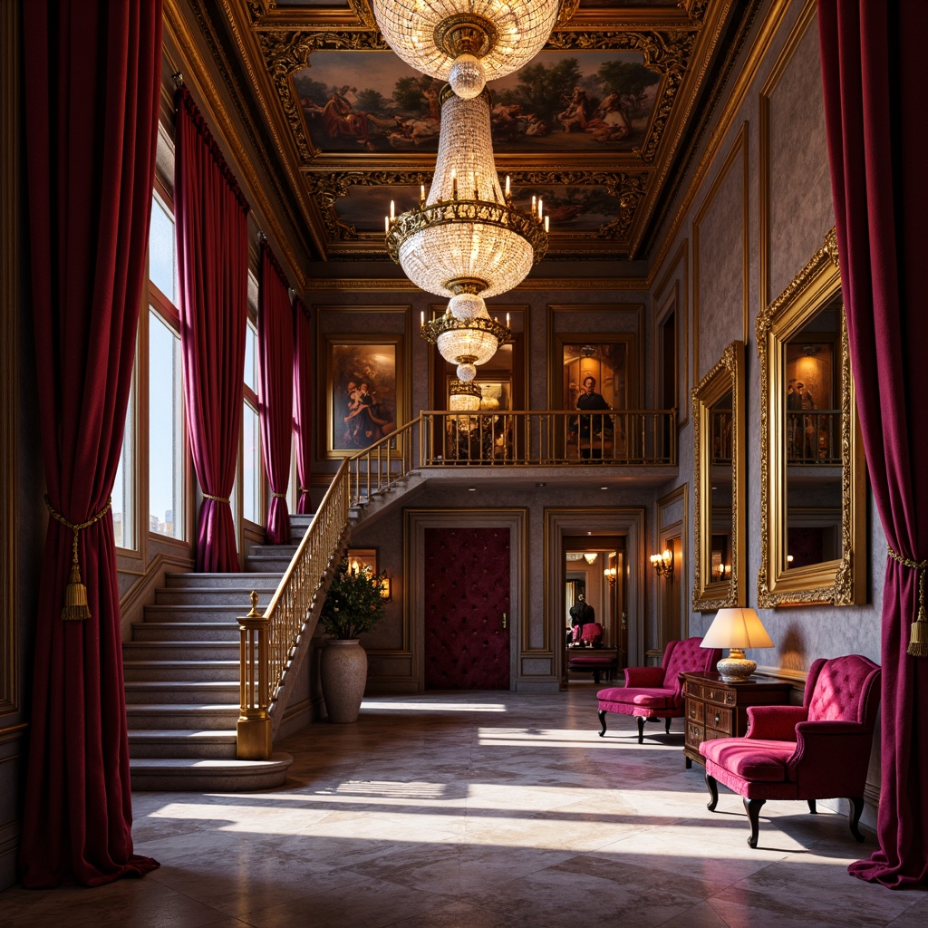 Prompt: Rich velvet curtains, golden ornate frames, crystal chandeliers, red plush armchairs, intricate wooden carvings, gilded mirrors, luxurious marble floors, ornamental frescoes, grand staircase, lavish drapery, regal purple upholstery, Baroque-style architectural details, dramatic spotlights, warm ambient glow, soft focus, shallow depth of field, 1/1 composition, symmetrical arrangement, opulent textures, high-contrast lighting.