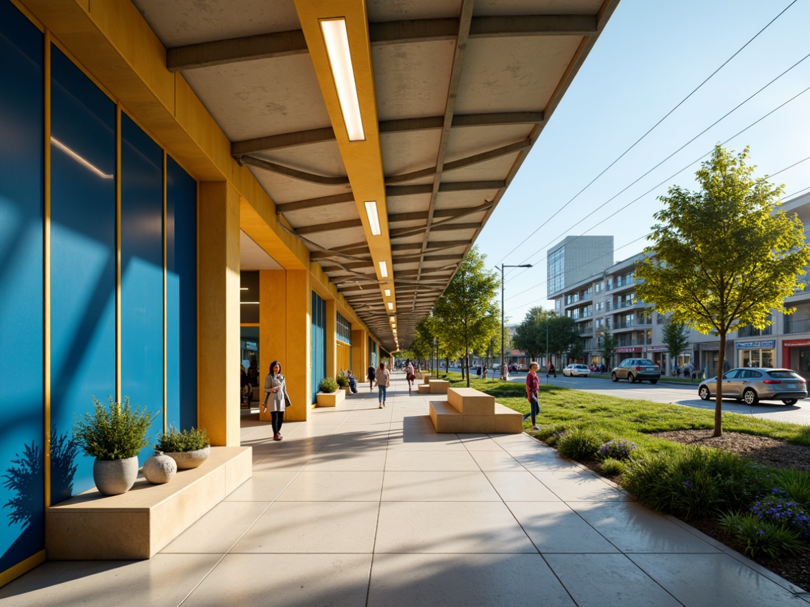 Prompt: Vibrant bus station, modern architecture, curved lines, stainless steel beams, polished concrete floors, bright LED lighting, warm beige walls, calming blue accents, energizing yellow highlights, lush greenery, natural stone benches, urban landscape, busy city streets, morning rush hour, soft focus, 1/2 composition, symmetrical framing, realistic materials, ambient occlusion.