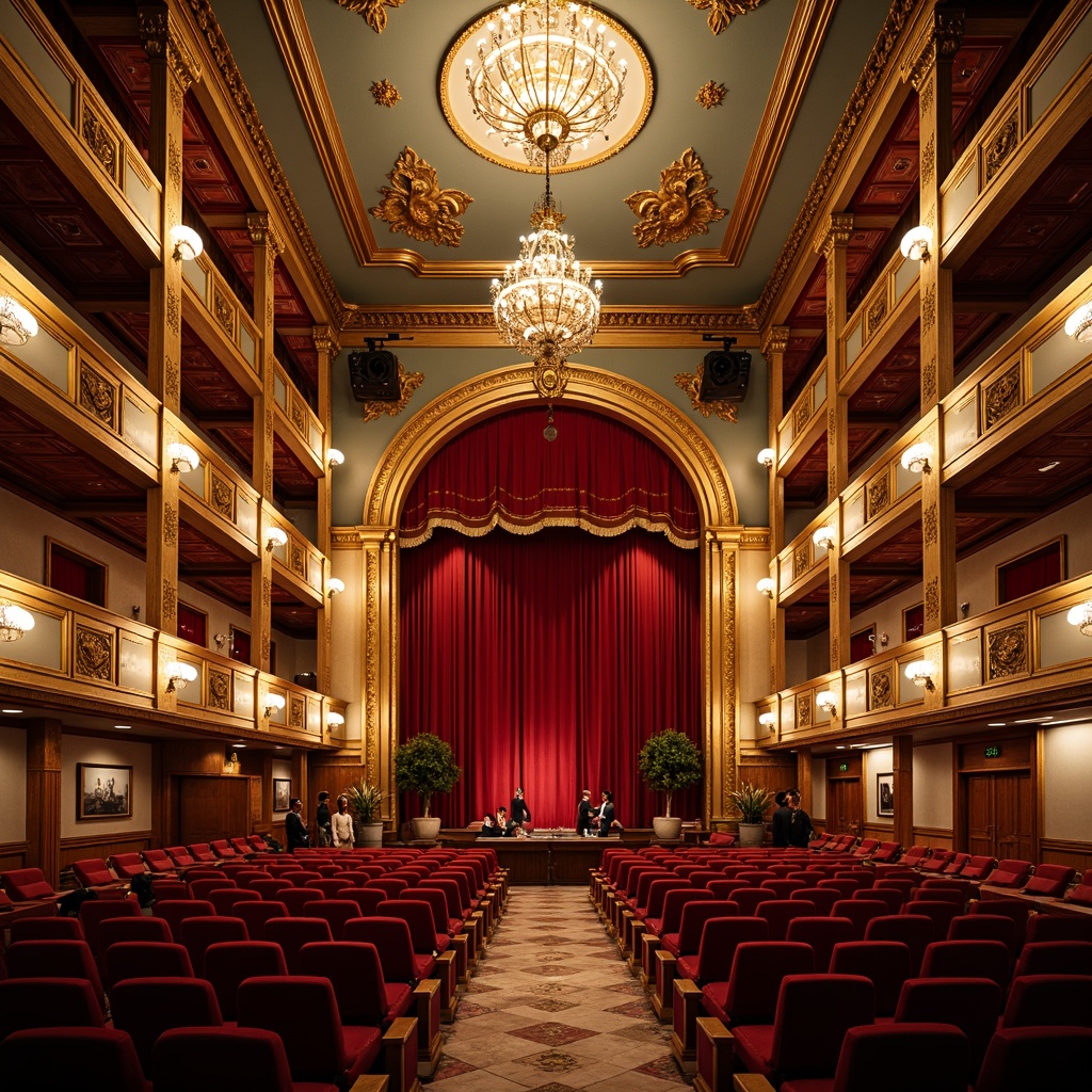 Prompt: \Elegant opera house interior, eclectic style seating arrangement, plush velvet chairs, ornate golden frames, rich red curtains, grand chandeliers, intricate moldings, luxurious marble floors, curved balconies, lavish decorative elements, warm ambient lighting, dramatic spotlights, 3/4 composition, shallow depth of field, realistic textures, subtle camera movement.\