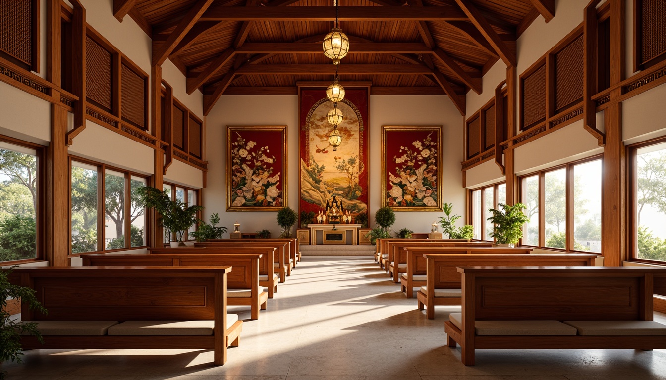 Prompt: \Traditional Asian-style church interior, serene atmosphere, natural wood accents, intricately carved wooden pews, golden lanterns, ornate tapestries, vibrant red and gold hues, harmonious Feng Shui layout, spacious aisle, grand altar, elegant curved lines, subtle lighting, warm beige tones, cultural symbols, subtle aromas of incense, soft cushions, minimalist decor, peaceful ambiance, 1/1 composition, shallow depth of field, realistic textures, ambient occlusion.\