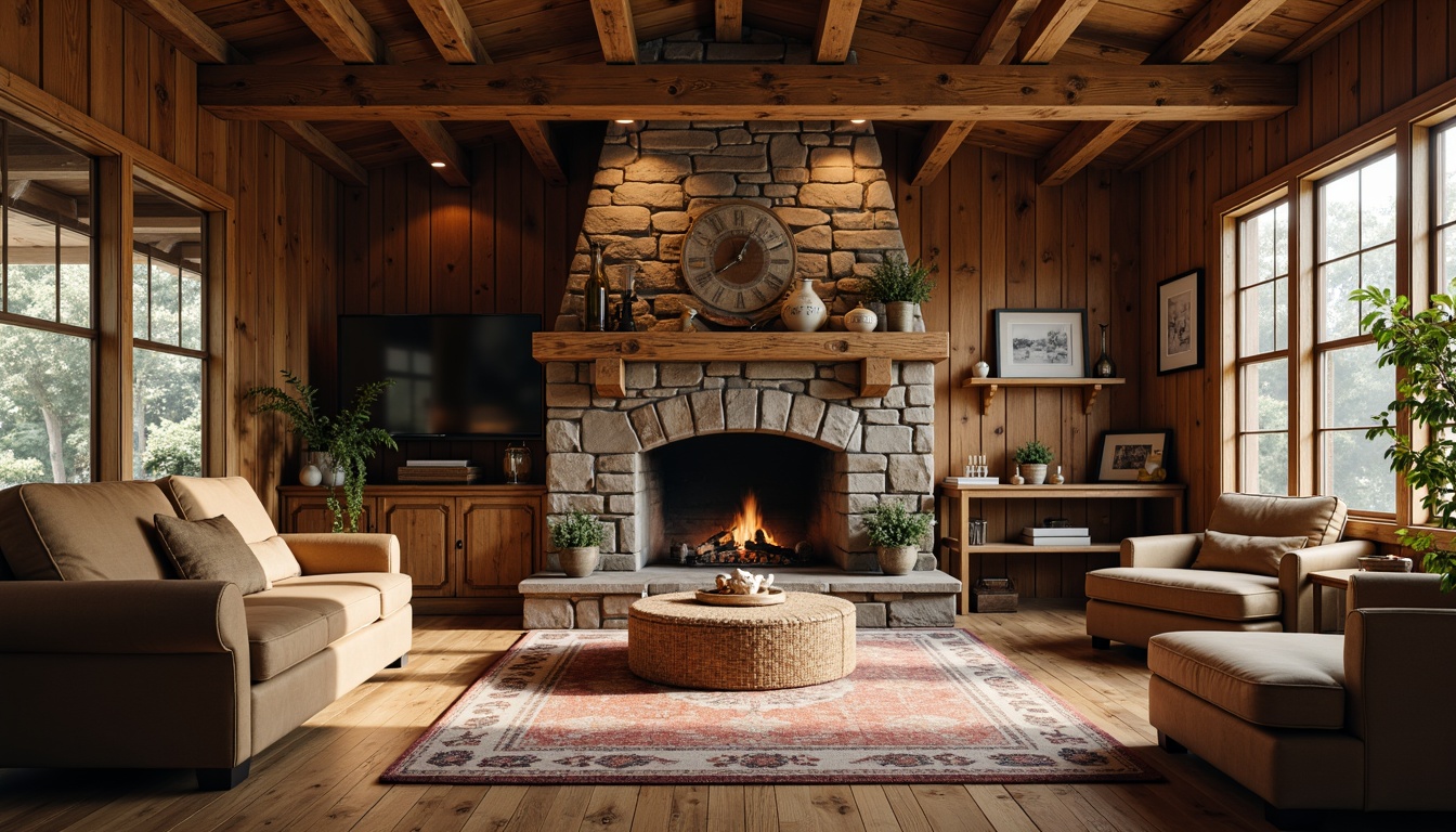 Prompt: Cozy cabin, wooden accents, natural textures, earthy tones, rustic charm, stone fireplaces, wooden beams, exposed rafters, vintage decorations, distressed finishes, ornate trims, handcrafted details, warm lighting, soft shadows, 3/4 composition, shallow depth of field, realistic wood grains, ambient occlusion.