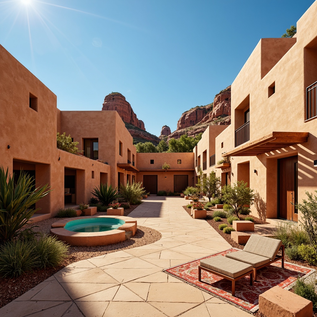 Prompt: Earthy southwestern apartment complex, adobe-style buildings, warm terracotta walls, turquoise accents, sandy beige floors, vibrant Native American patterns, rustic wooden doors, woven textiles, natural fiber rugs, desert botanicals, cacti plants, Pueblo-inspired architecture, earthy red rock formations, clear blue sky, warm sunny day, soft golden lighting, shallow depth of field, 3/4 composition, panoramic view, realistic textures, ambient occlusion.