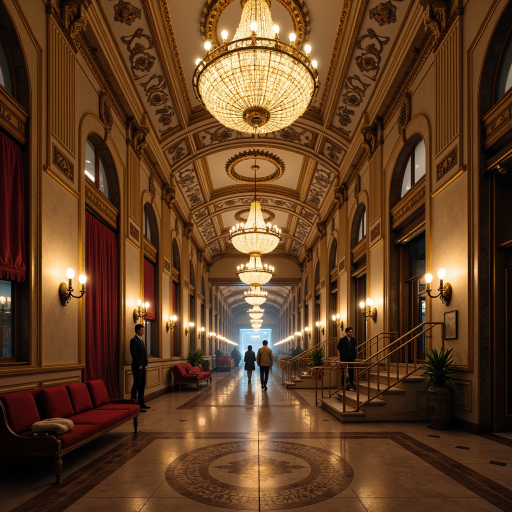 Prompt: Ornate metro station, grandiose chandeliers, warm golden lighting, intricate stucco ceilings, richly patterned marble floors, ornamental metalwork, lavish furnishings, velvet drapes, gilded accents, crystal pendant lights, dramatic archways, sweeping staircases, opulent materials, moody shadows, soft focus, atmospheric mist, cinematic composition, 2.35