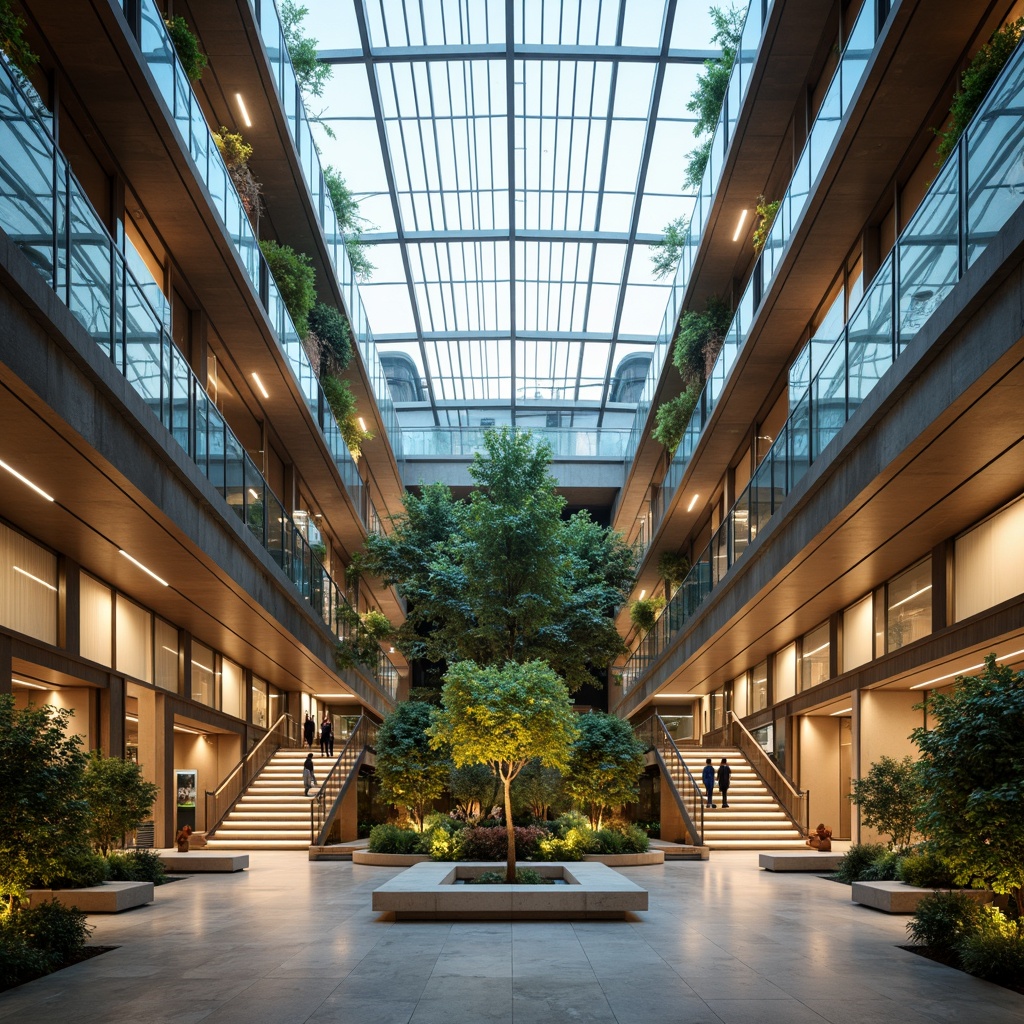 Prompt: Open-air atrium, sleek glass roofs, minimalist columns, polished marble floors, modernist seating areas, curved staircases, cantilevered balconies, floor-to-ceiling windows, natural ventilation systems, green walls, lush indoor gardens, ambient lighting, soft warm tones, shallow depth of field, 1/2 composition, panoramic view, realistic reflections, subtle texture details.