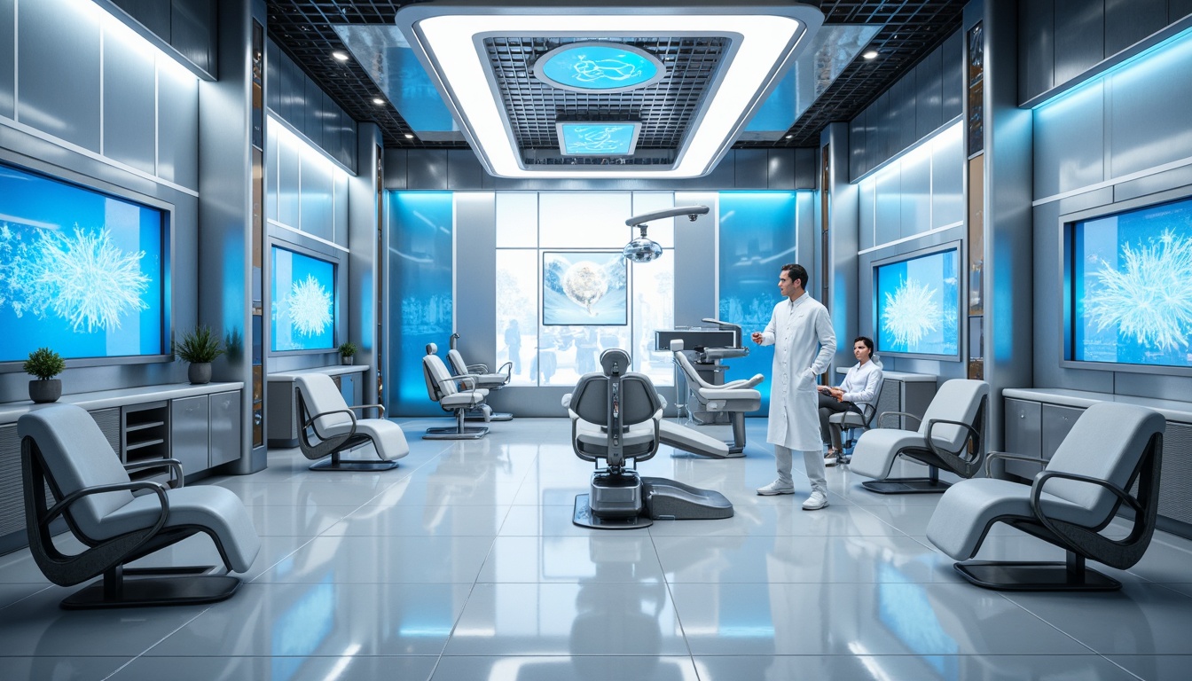 Prompt: Futuristic dental clinic, neon blue accents, metallic silver walls, glossy white floors, sleek chrome equipment, LED light installations, holographic displays, minimalist waiting area, geometric patterned chairs, calming ambient lighting, shallow depth of field, 3/4 composition, panoramic view, realistic textures, ambient occlusion, sterile atmosphere, advanced dental technology, futuristic dentist uniforms, innovative medical devices, high-tech laboratory, robotic assistants, virtual reality relaxation rooms.