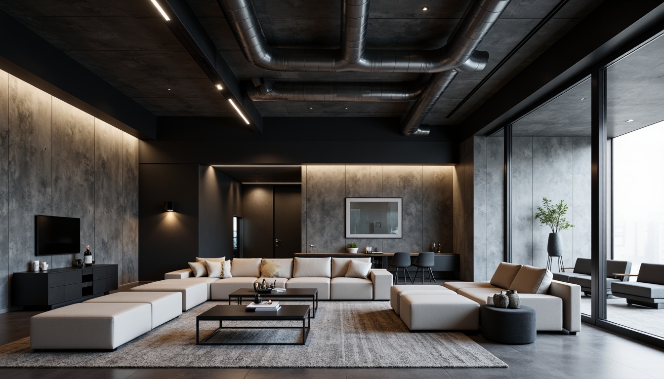 Prompt: Minimalist interior design, monochromatic color scheme, sleek metal frames, polished chrome accents, matte black surfaces, textured concrete walls, industrial-chic exposed ductwork, low-pile carpeting, minimalist furniture pieces, geometric patterns, ambient LED lighting, soft box shadows, 1/1 composition, realistic reflections, shallow depth of field.