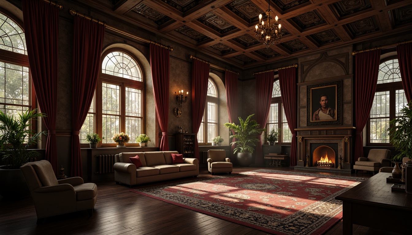 Prompt: Dark academia atmosphere, ornate wooden panels, mysterious stone walls, grandiose high ceilings, stained glass windows, luxurious velvet drapes, intricate patterned rugs, polished dark hardwood floors, vintage-inspired furniture, dramatic spotlighting, warm golden lighting, rich wood tones, ornamental metalwork, mystical ambiance, eerie silence.