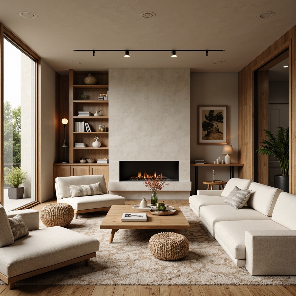 Prompt: Minimalist living room, natural wood tones, clean lines, ergonomic chairs, wooden coffee tables, woven baskets, neutral color palette, cozy textiles, geometric patterns, ambient lighting, floor-to-ceiling windows, Nordic-inspired decor, functional storage units, modular shelving systems, oak wood floors, industrial-chic metal accents, warm beige walls, organic shapes, 3/4 composition, shallow depth of field.