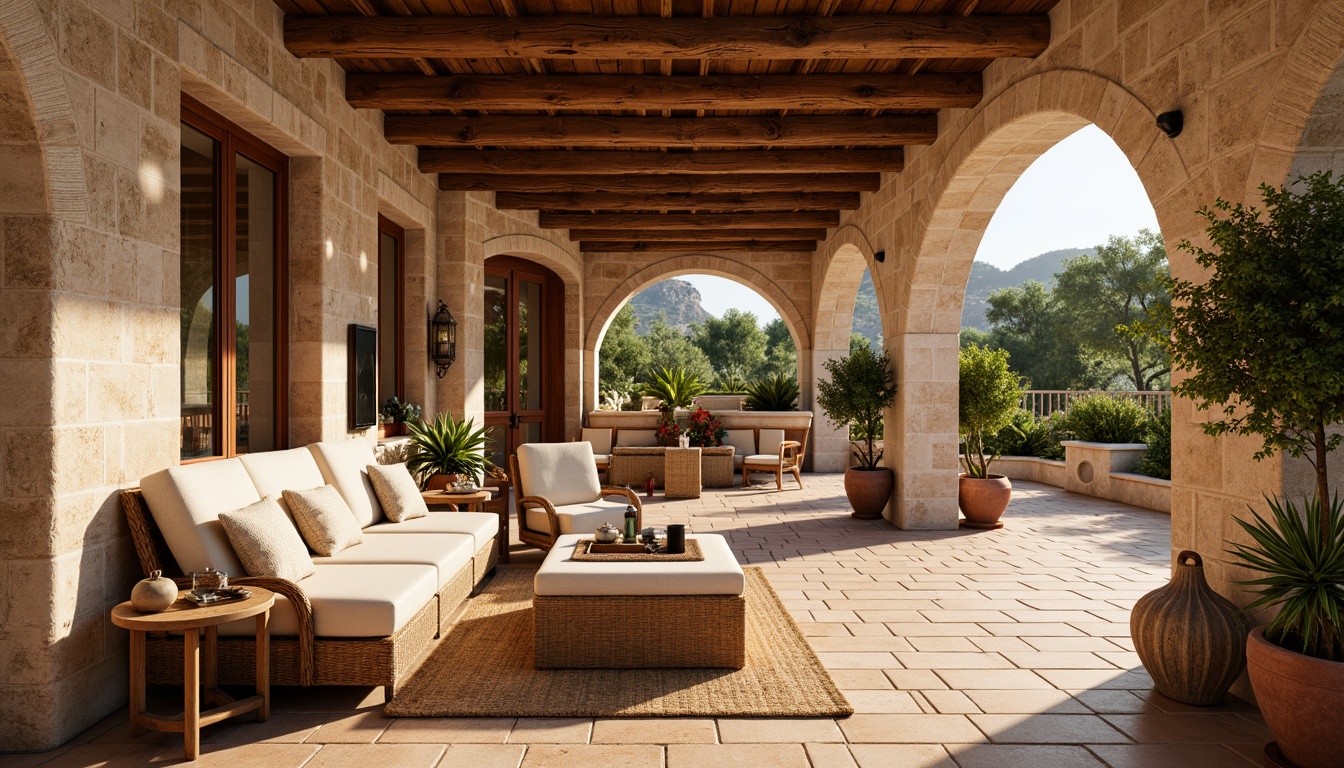 Prompt: Warm Mediterranean villa, rustic stone walls, distressed wooden beams, earthy terracotta floors, soft linen upholstery, natural woven fibers, vintage ceramic tiles, ornate metalwork, lush greenery, potted plants, warm sunny day, soft golden lighting, shallow depth of field, 1/2 composition, realistic textures, ambient occlusion.