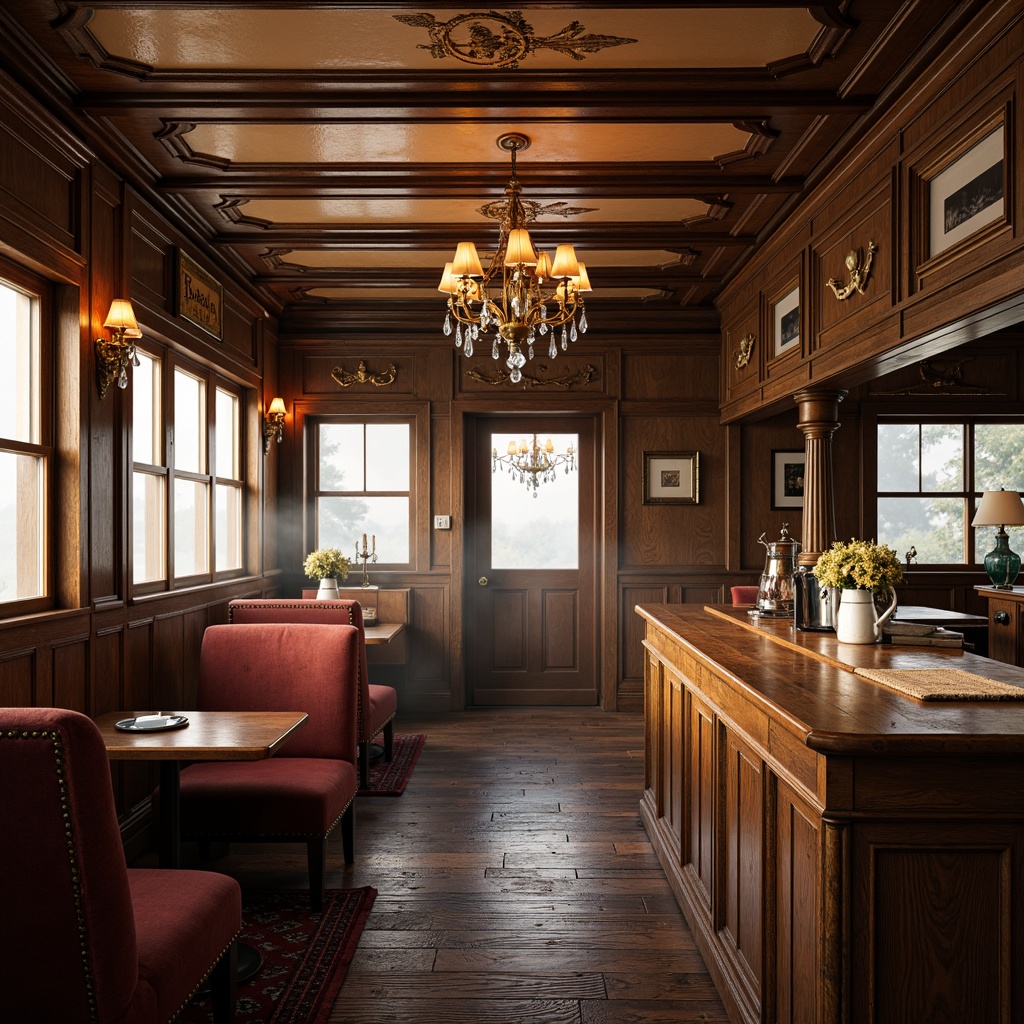 Prompt: Vintage boathouse interior, rich wood accents, ornate plaster ceilings, grand chandeliers, crystal droplets, bronze fixtures, nautical-themed sconces, distressed wooden beams, plush velvet upholstery, intricate carvings, warm golden lighting, soft candlelight, atmospheric mist, 1/1 composition, shallow depth of field, realistic textures, ambient occlusion.