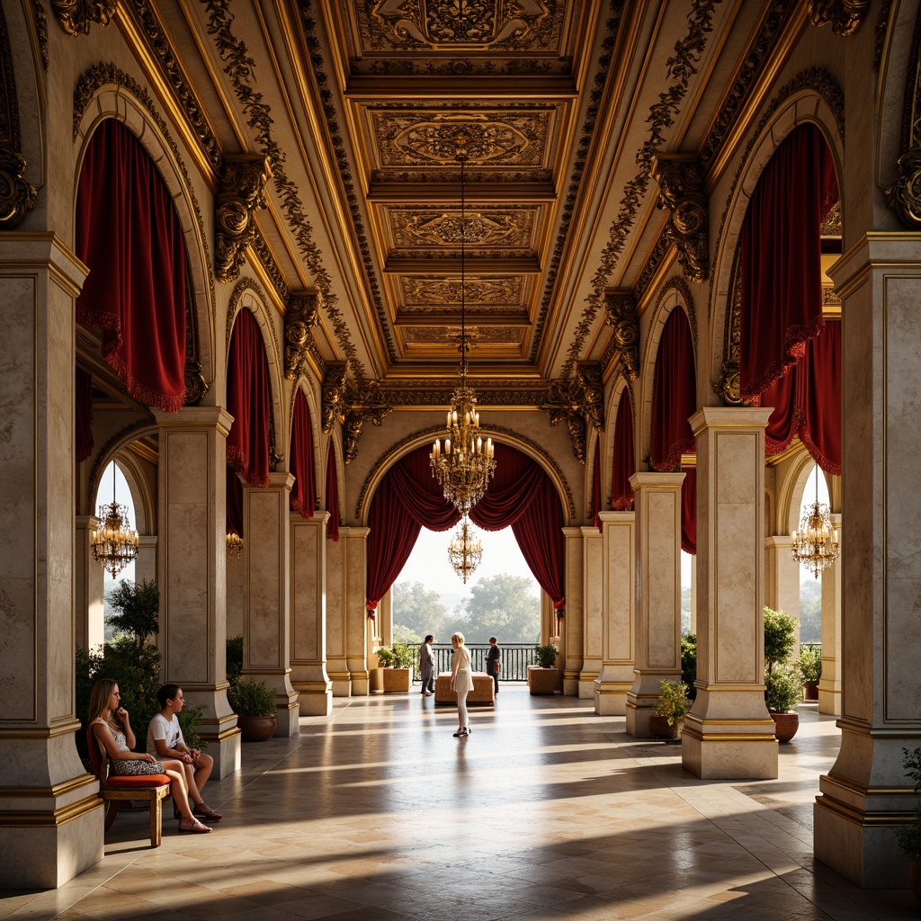 Prompt: Ornate pavilion, intricately carved stone facades, gilded details, lavish ornamentation, grandiose entranceways, sweeping arches, ornamental columns, luxurious drapery, velvet canopies, intricate wooden paneling, polished marble floors, majestic chandeliers, warm golden lighting, soft focus, shallow depth of field, 1/2 composition, symmetrical framing, highly detailed textures, ambient occlusion.