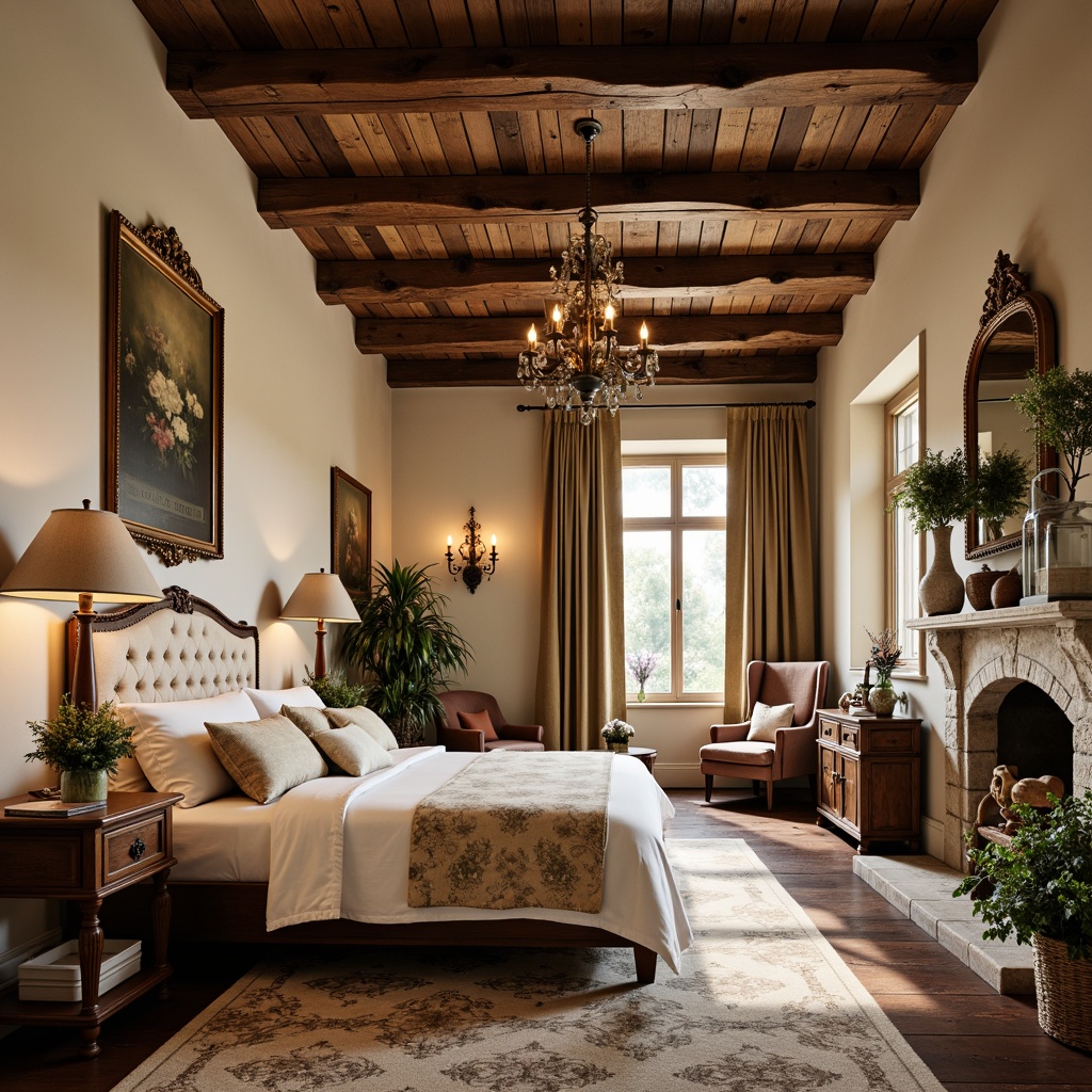 Prompt: Rustic wooden beams, distressed finishes, soft warm lighting, plush velvet fabrics, ornate carvings, elegant curvatures, antique furnishings, vintage accessories, natural stone fireplaces, rich wood tones, earthy color palette, woven baskets, potted plants, flowing drapes, luxurious bedding, traditional French patterns, toile de Jouy fabrics, ornamental mirrors, subtle gold accents, romantic ambiance, cozy reading nooks, inviting seating areas, warm beige walls, soft cream colors, elegant chandeliers.