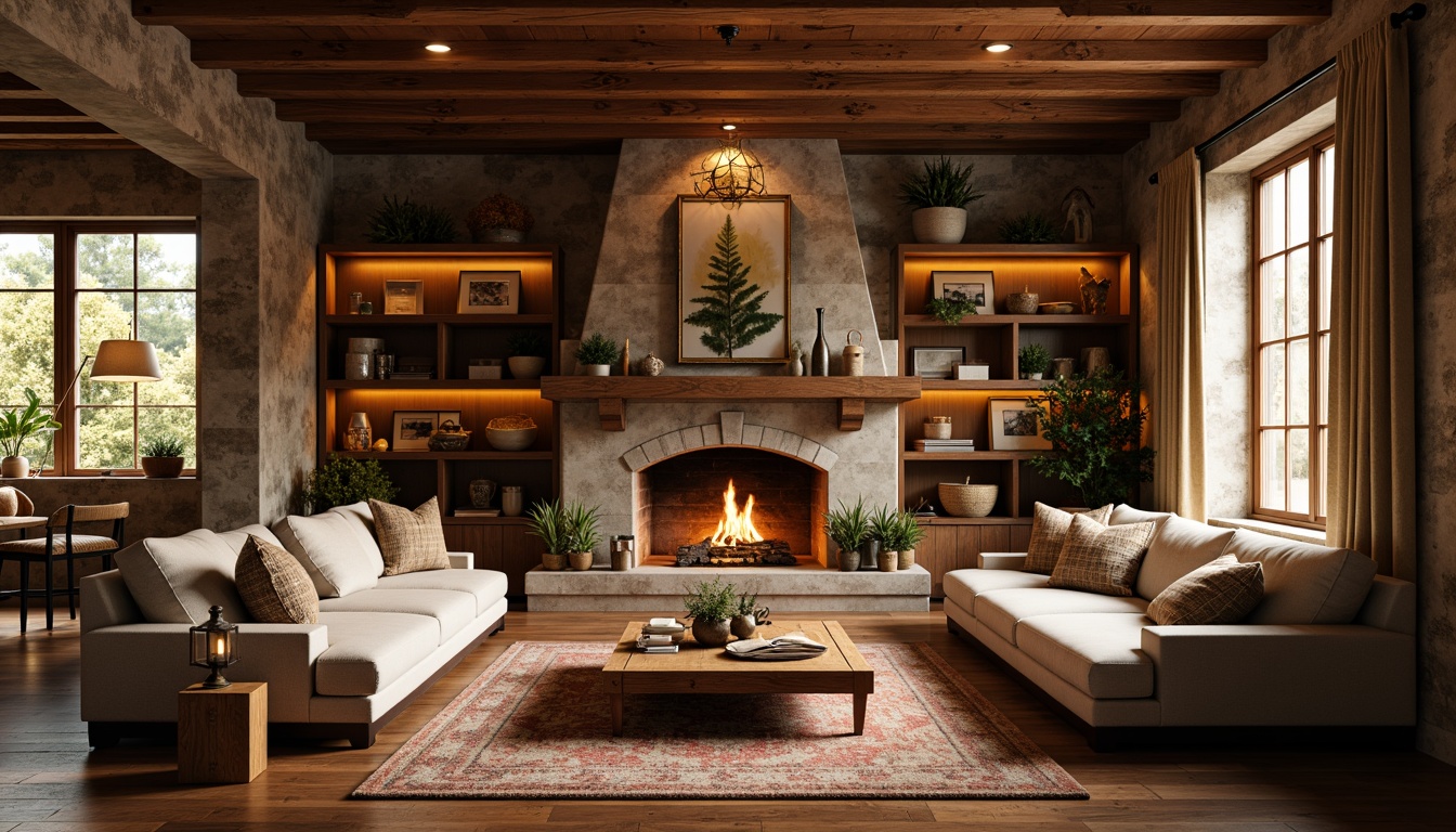 Prompt: Cozy living room, rustic wooden accents, natural stone walls, earthy color palette, plush area rugs, comfortable sectional sofas, warm golden lighting, soft candlelight, rich wood grain textures, woven baskets, vintage decorative items, distressed finishes, inviting atmosphere, autumnal hues, crackling fireplace, soft background music, 1/1 composition, shallow depth of field, realistic rendering.