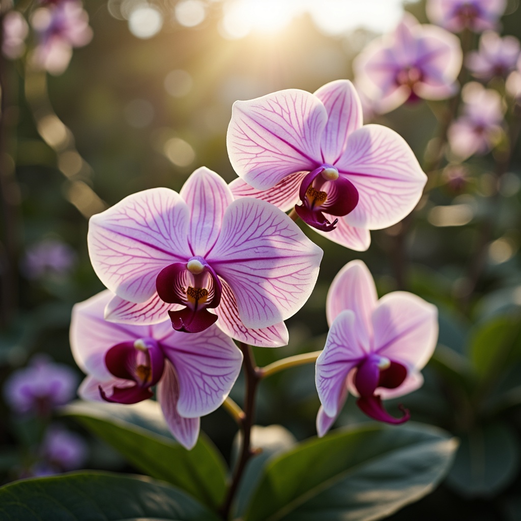 Prompt: Ethereal orchid hues, pastel pink undertones, soft lavender accents, creamy whites, rich berry shades, velvety dark greens, subtle metallic sheens, delicate filigree patterns, ornate floral motifs, whimsical garden scenes, lush foliage, misty mornings, warm golden lighting, shallow depth of field, 1/1 composition, intimate close-ups, realistic textures, ambient occlusion.