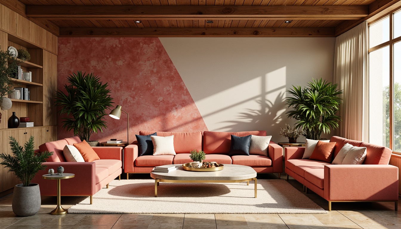 Prompt: Vibrant living room, bold accent walls, rich wood tones, soft pastel hues, luxurious velvet fabrics, metallic gold accents, warm beige stone flooring, dramatic floor lamps, cozy reading nooks, oversized windows, natural light pouring in, 1/1 composition, shallow depth of field, softbox lighting, realistic textures.